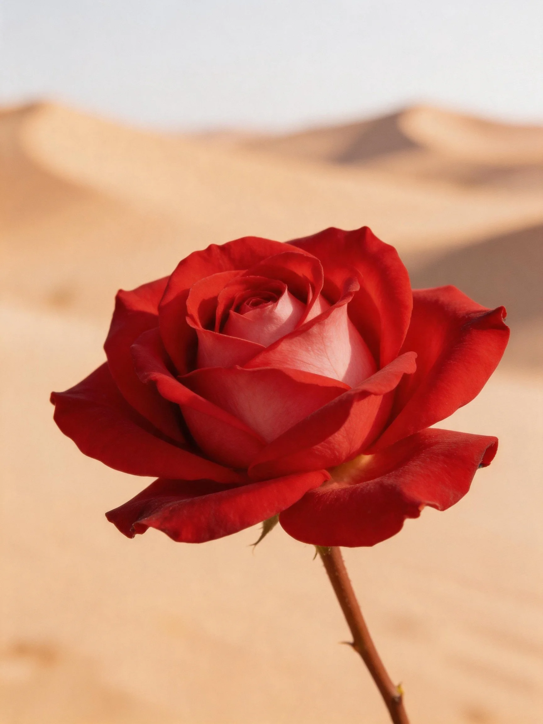 A single red rose with pink center against sandy desert dunes