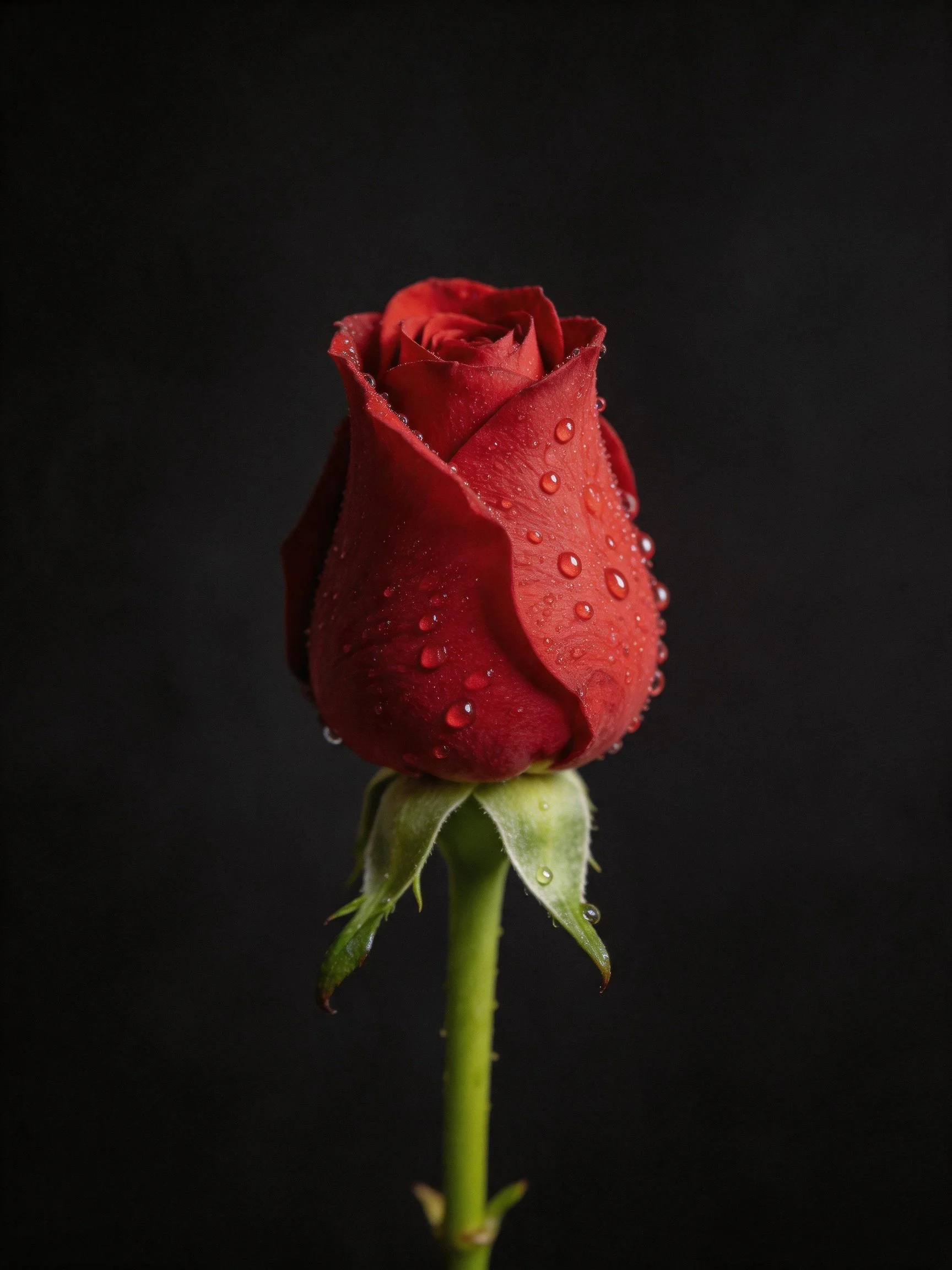 A single red rosebud with water droplets, green stem, dark background