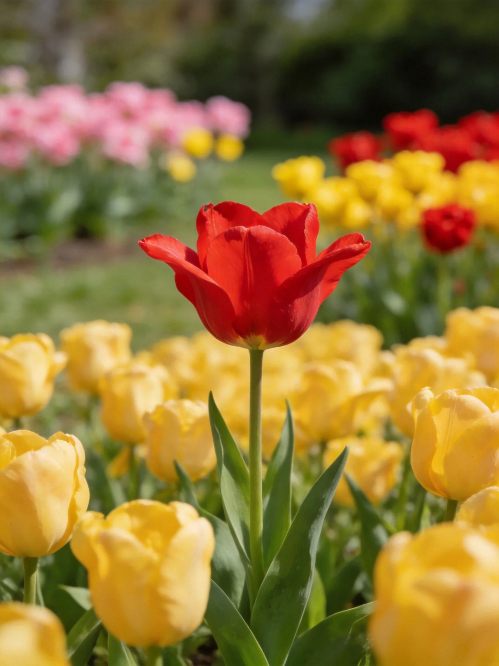 A single red tulip stands among many yellow tulips with pink and red blooms in the background.