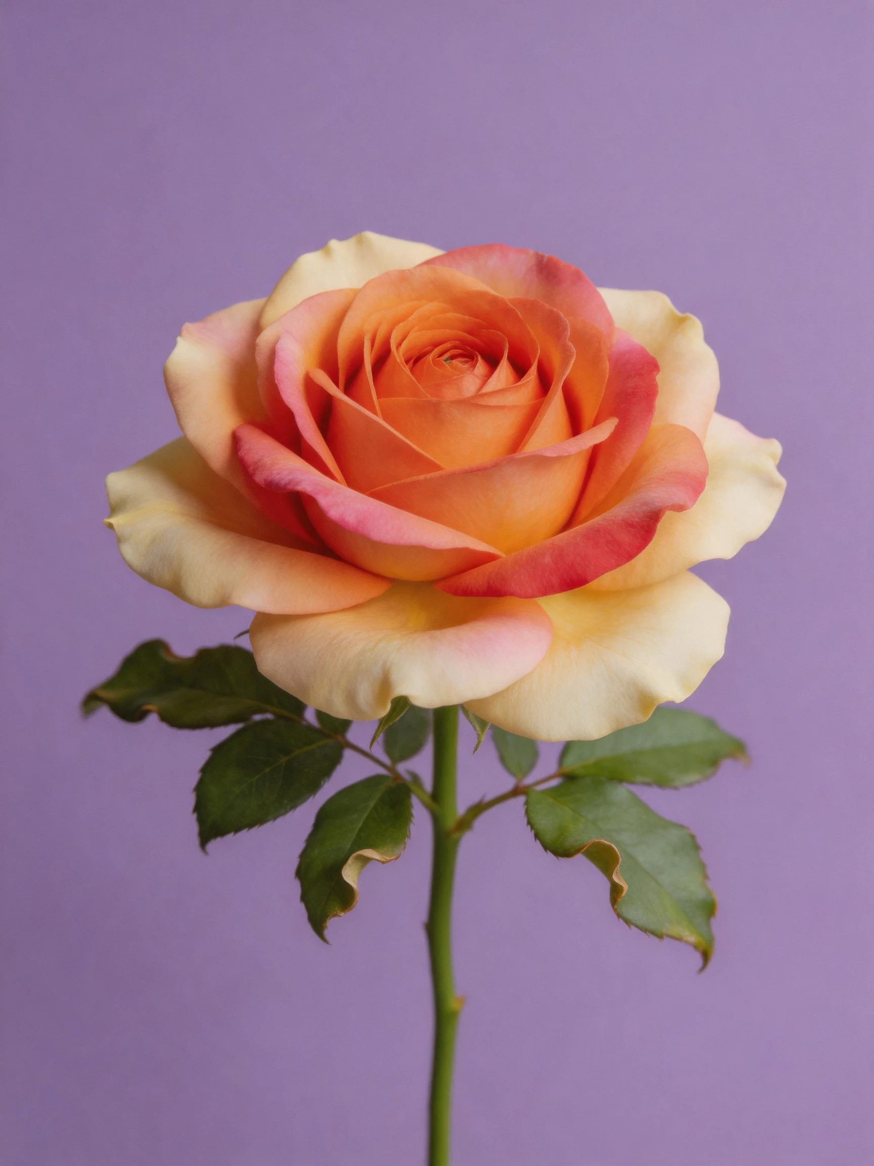 A single rose with orange-pink petals and green leaves on purple background