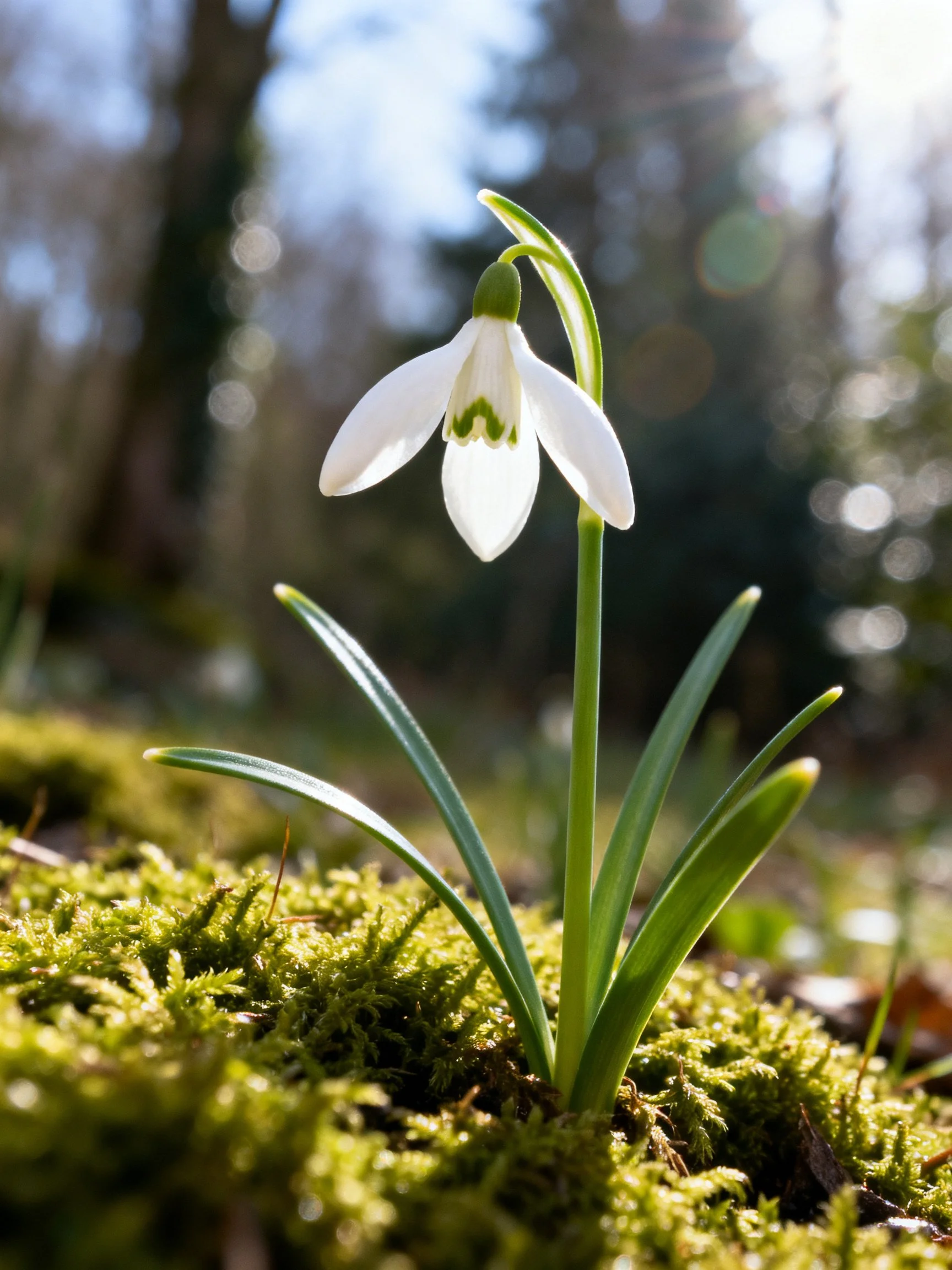 A single snowdrop blooms in lush green moss under bright sunlight