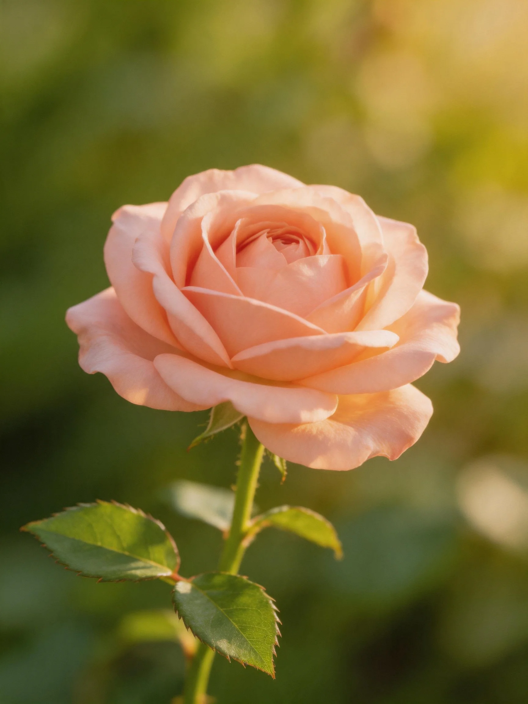 A single soft pink rose blooms amid a blurred green landscape.
