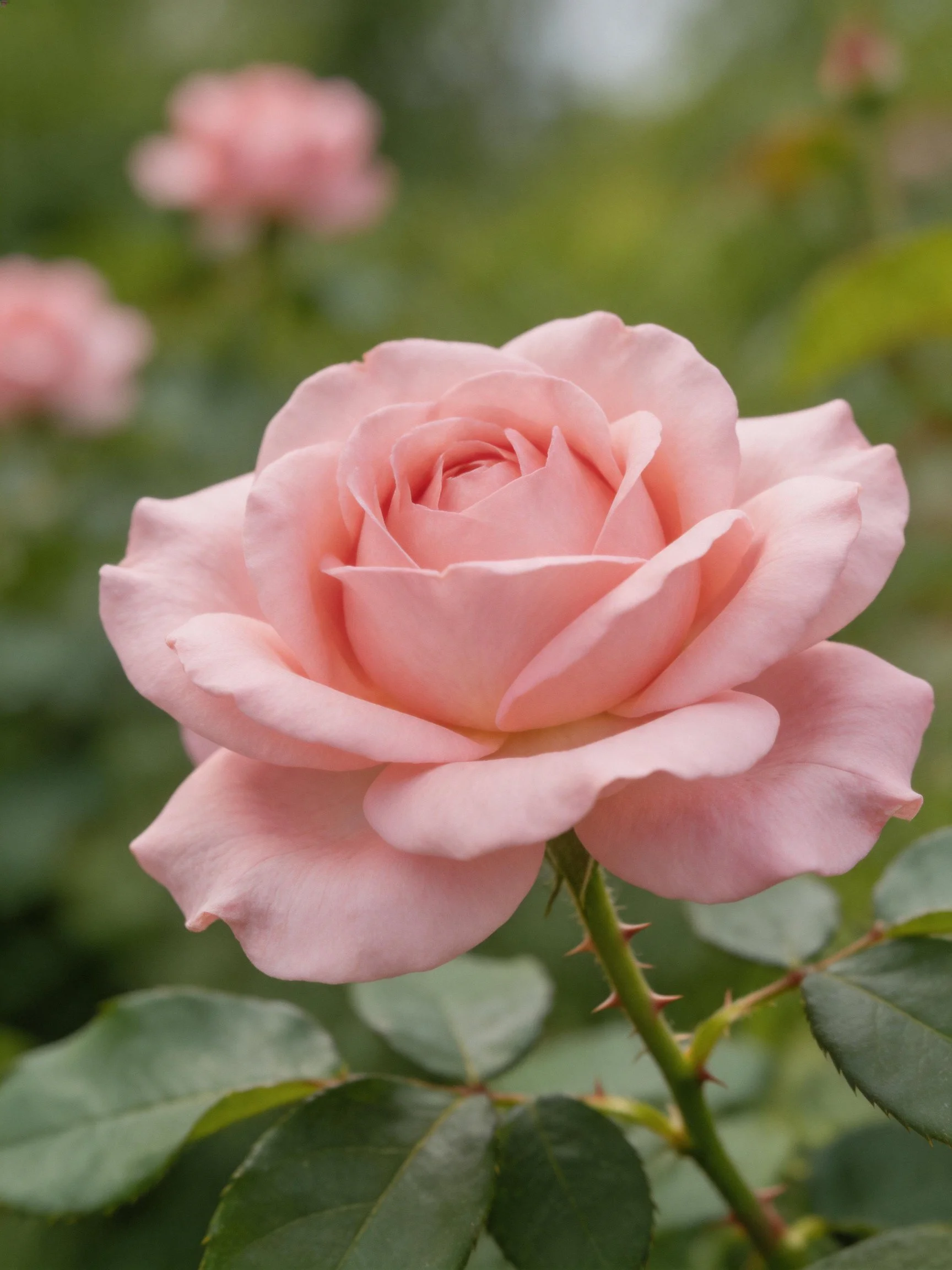 A single soft pink rose blooms amid green foliage and blurred flowers