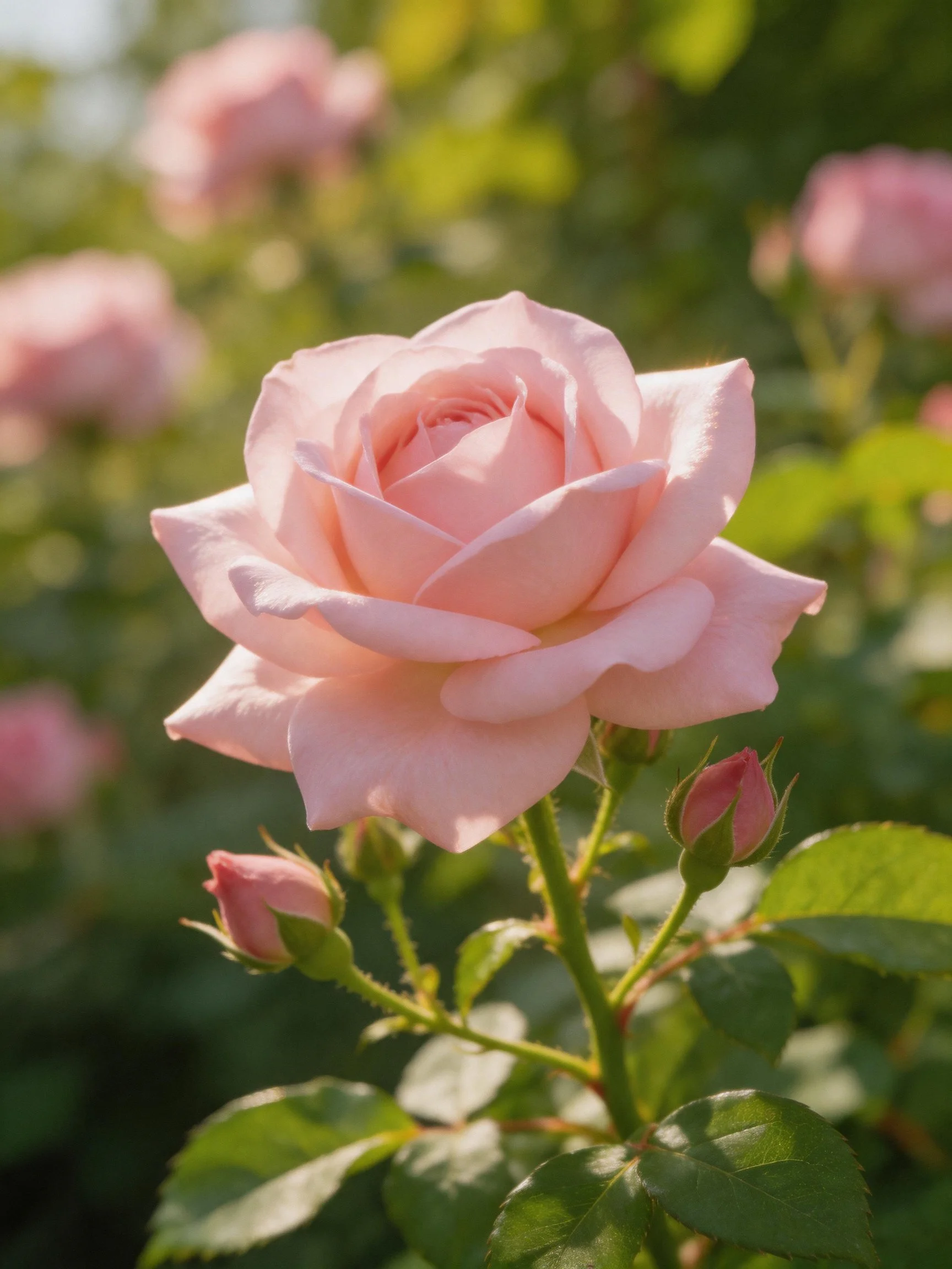 A single soft pink rose blooms among green foliage
