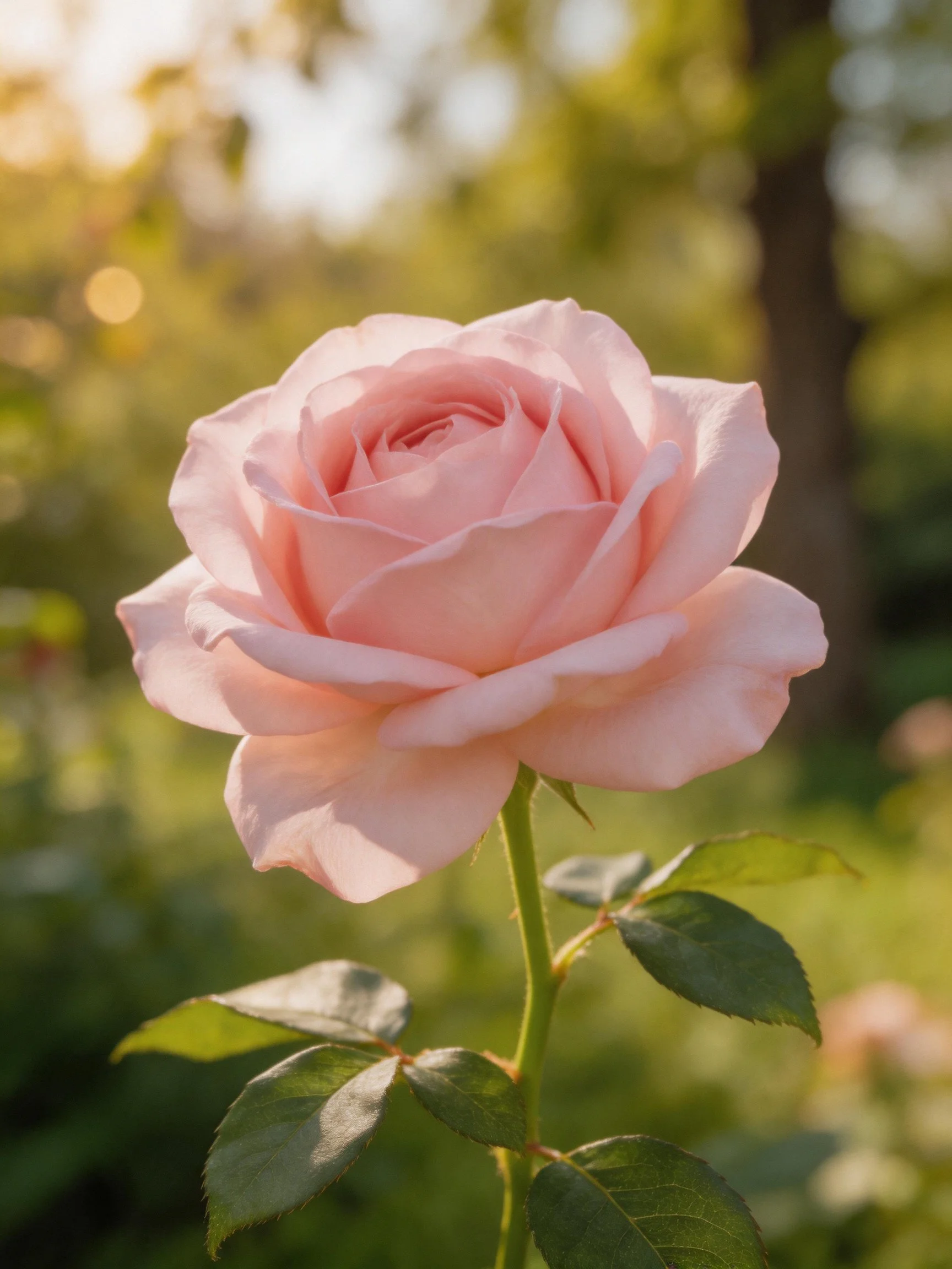 A single soft pink rose blooms in a sun-dappled garden