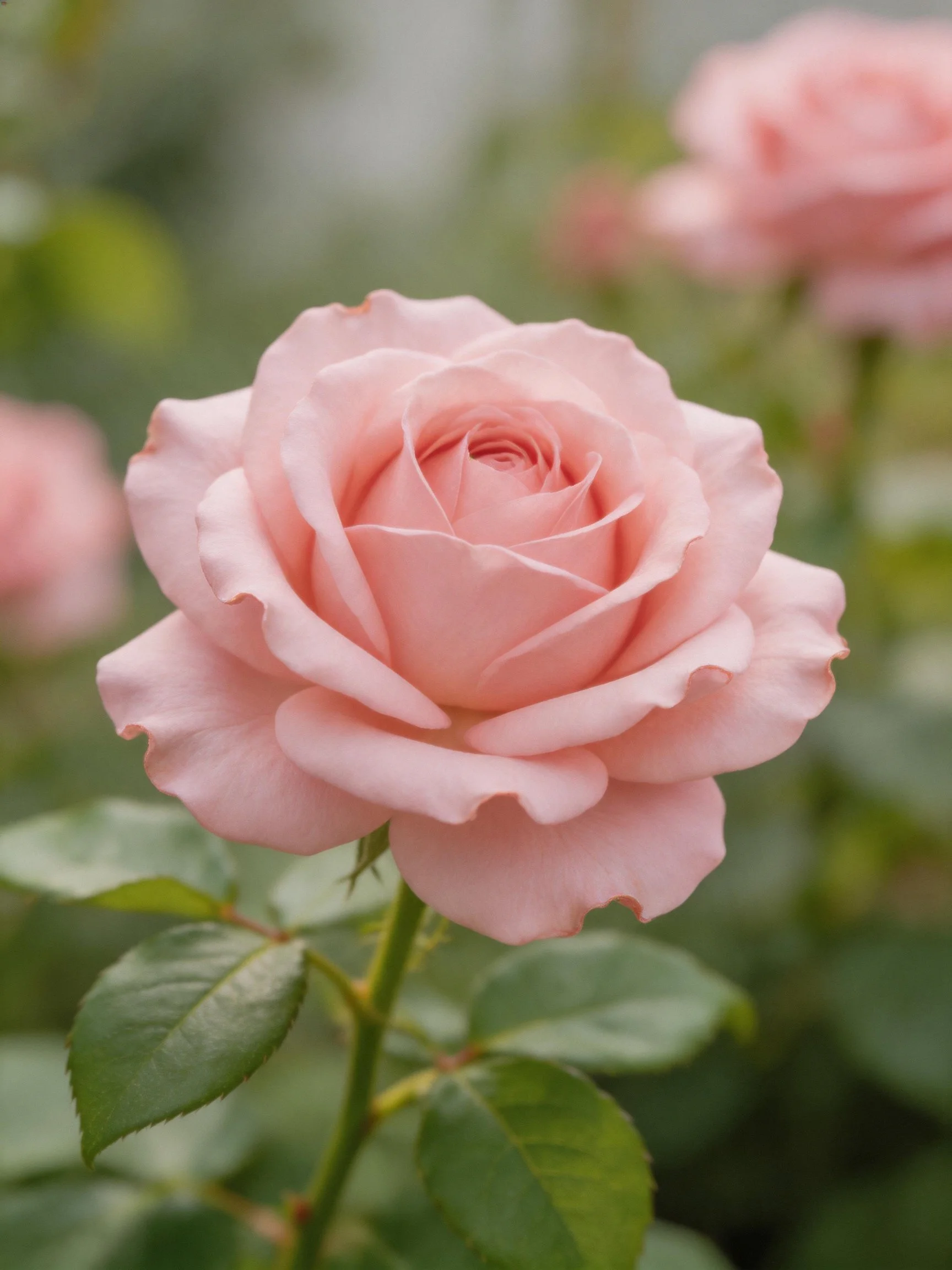 A single soft pink rose with lush green leaves