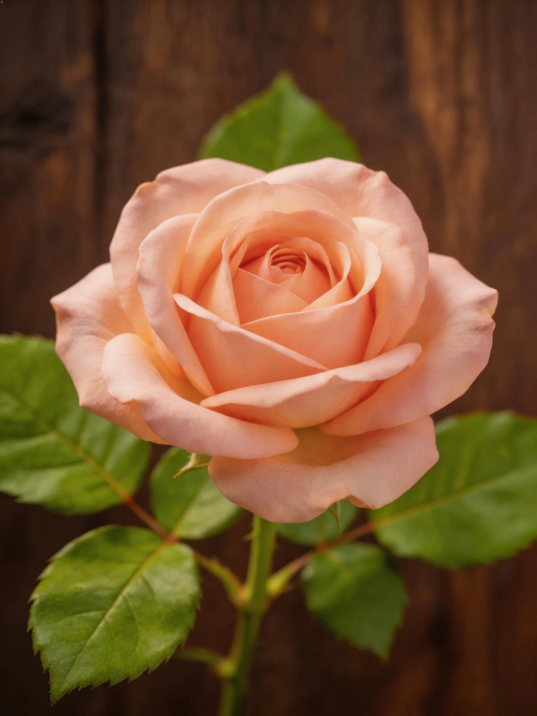 A single soft pink rose with vibrant green leaves on a wooden background