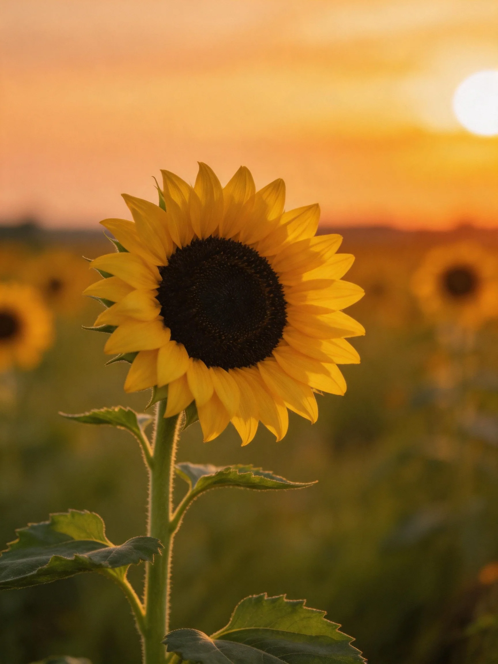 A single sunflower blooms in a golden sunset field