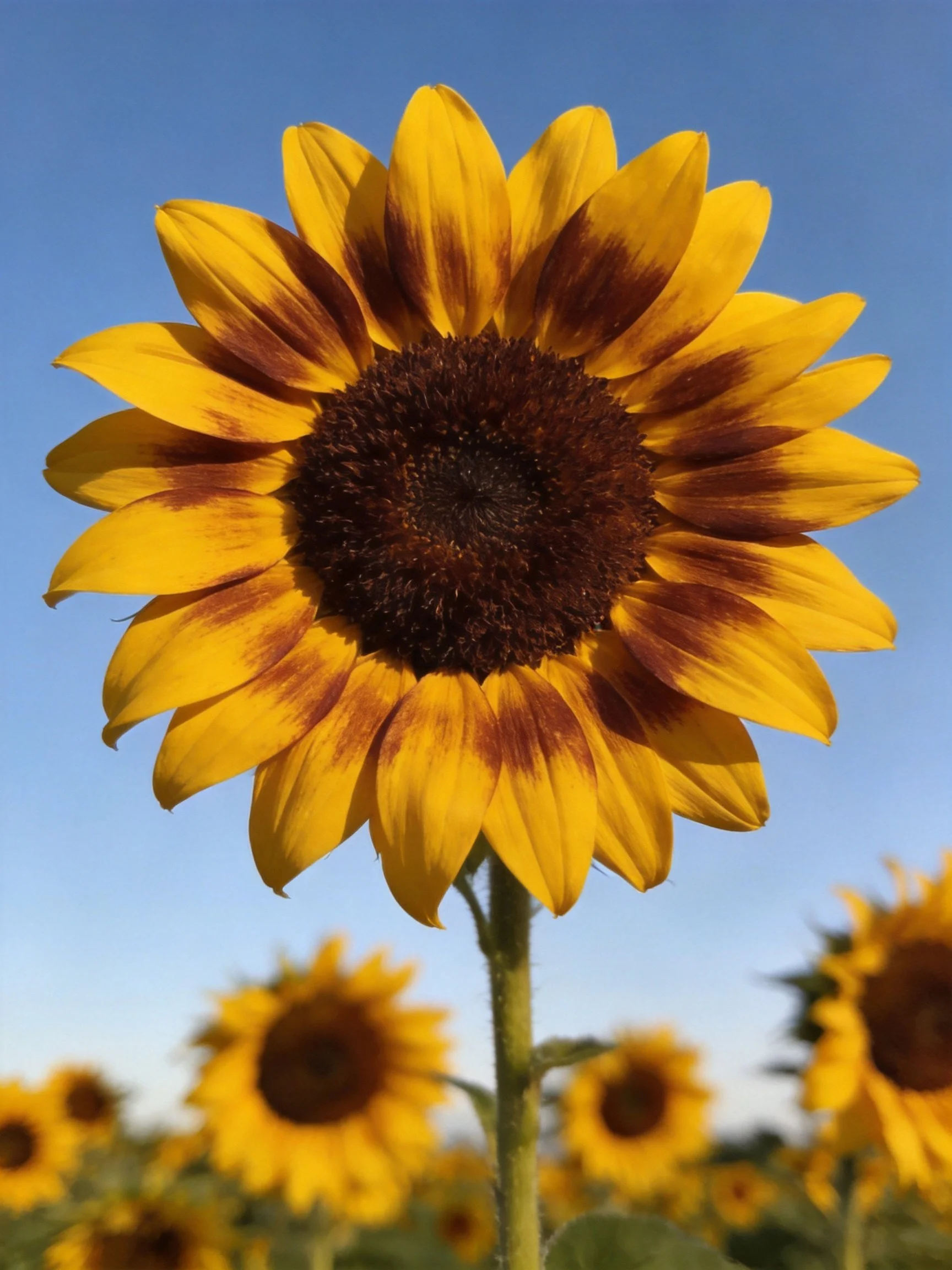 A single sunflower with brown-streaked petals against a clear blue sky