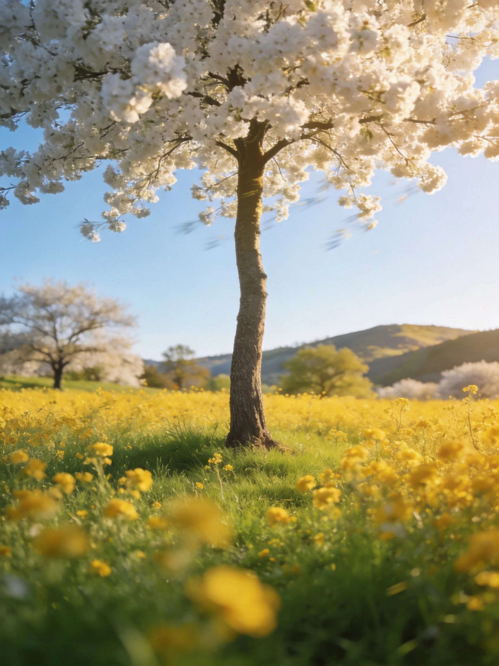 A single tree with white blossoms stands in a field of yellow flowers
