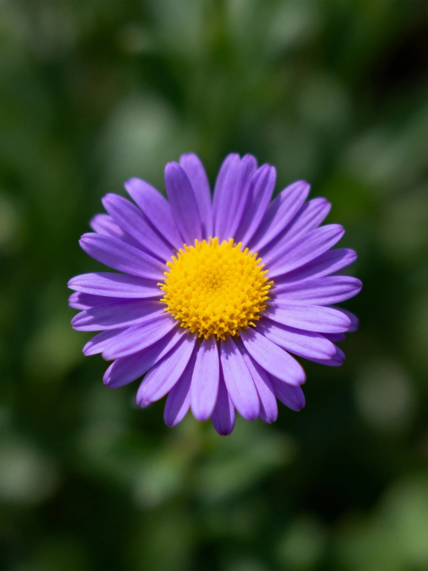 A single vibrant purple aster with a bright yellow center, against blurred green