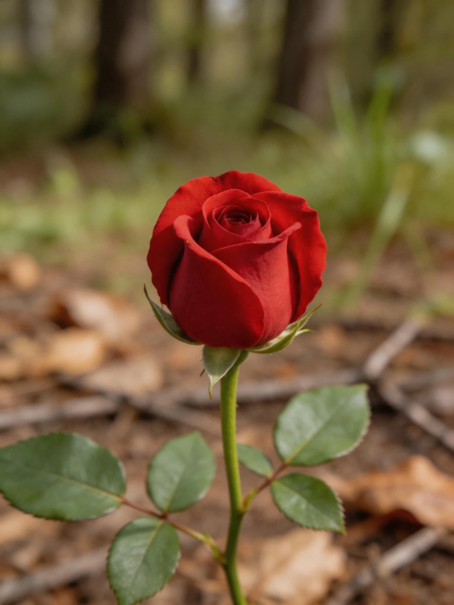 A single vibrant red rose bud with green leaves on a forest floor backdrop