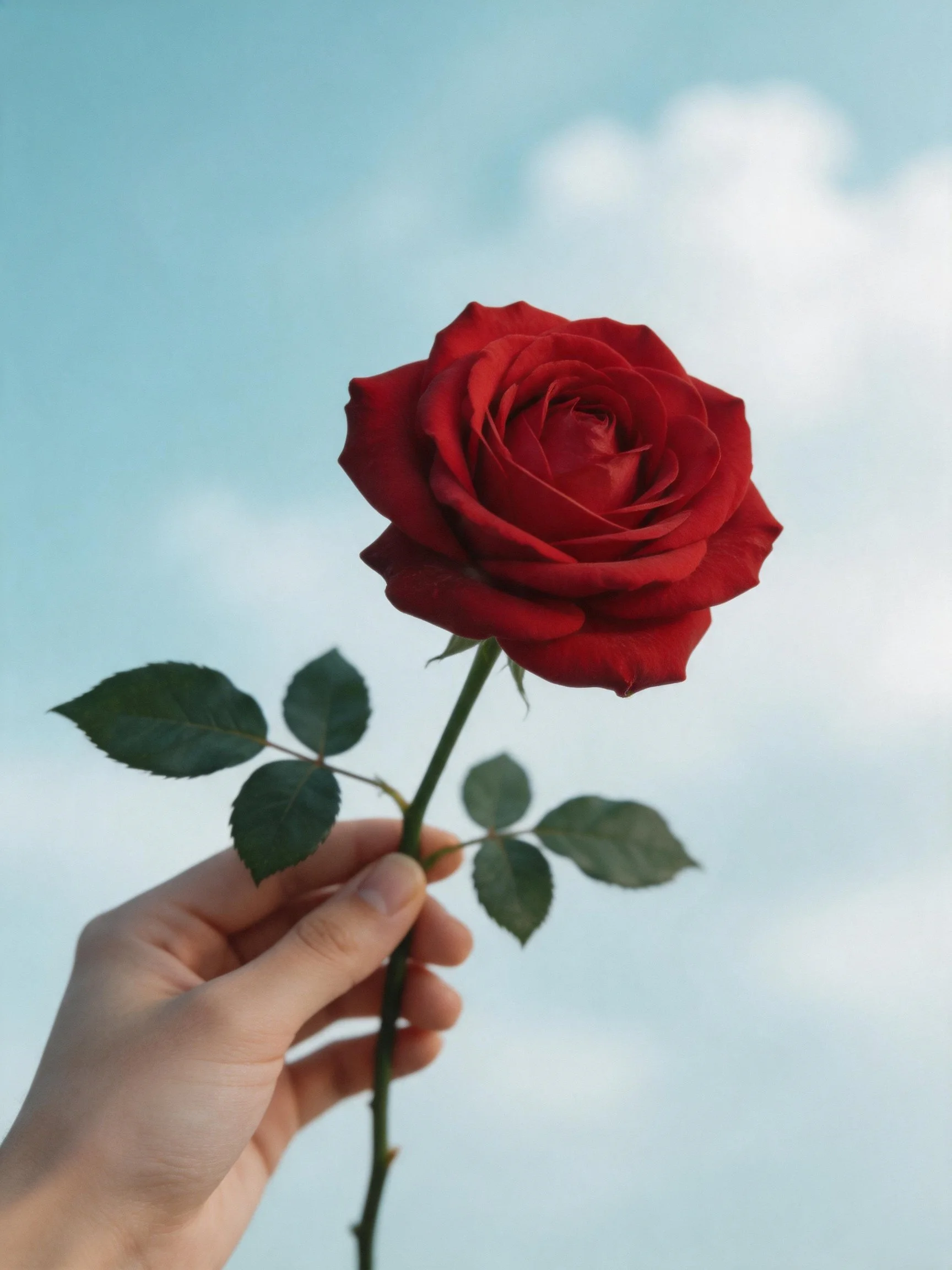 A single vibrant red rose held by a hand with a blue sky