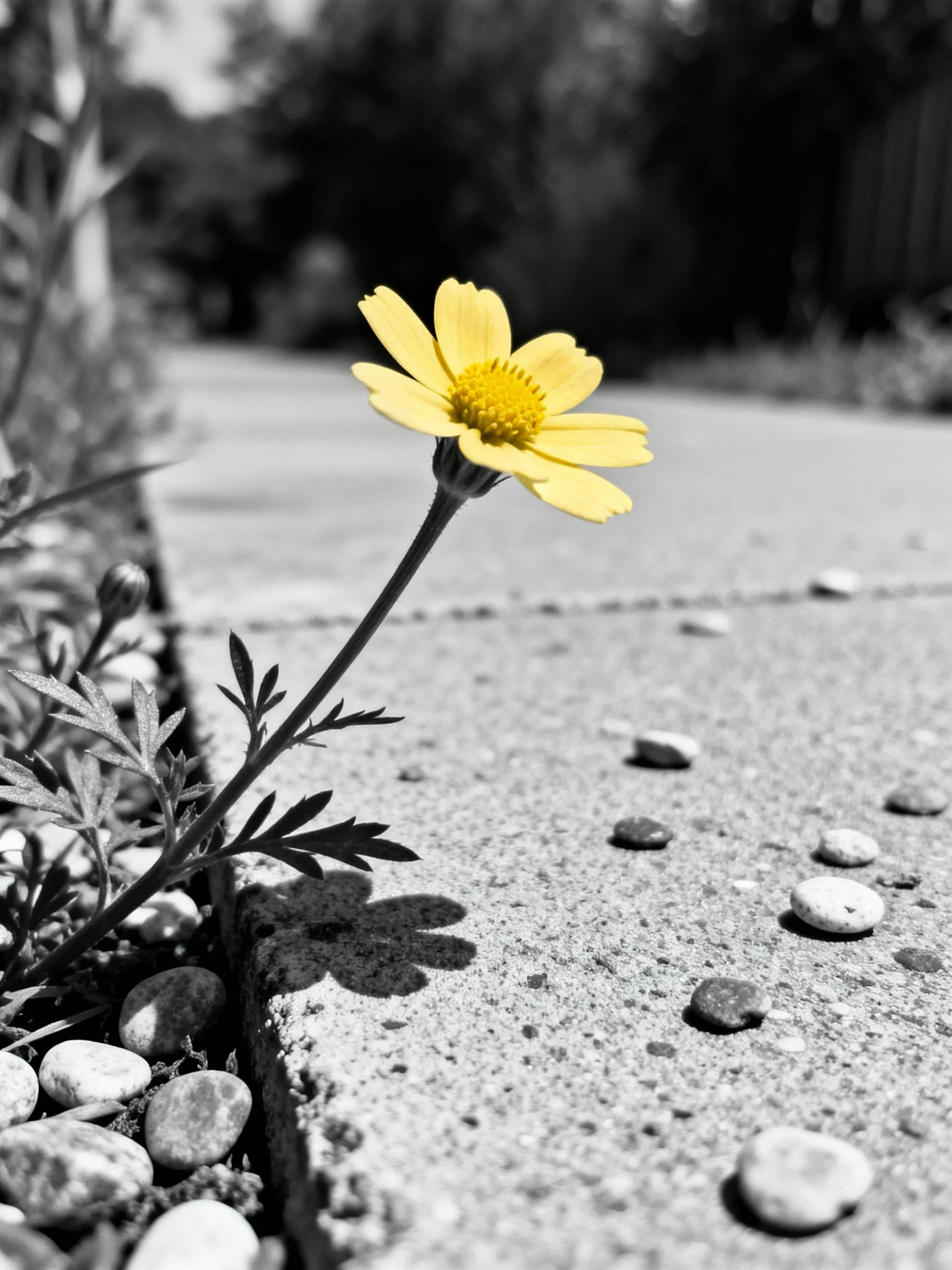 A bright yellow flower contrasts against a monochrome concrete sidewalk with scattered pebbles.