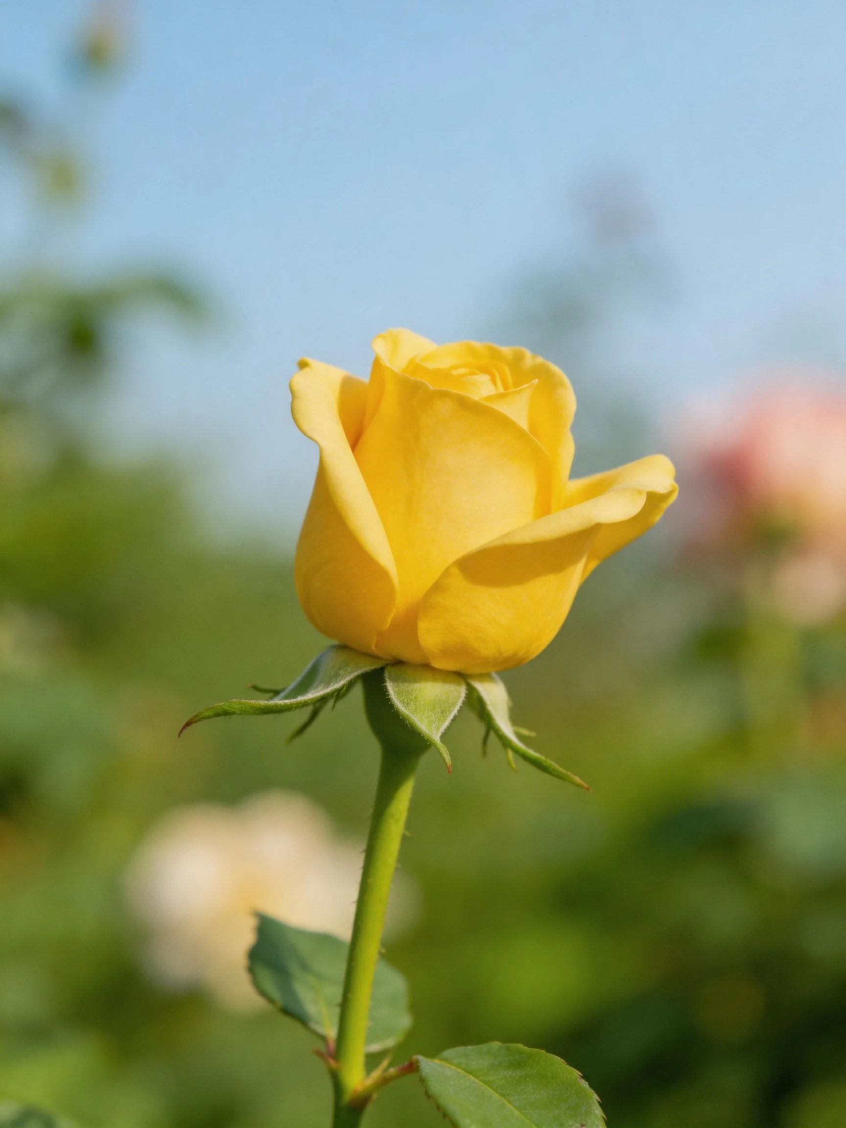 A single vibrant yellow rose bud against a blurred green backdrop