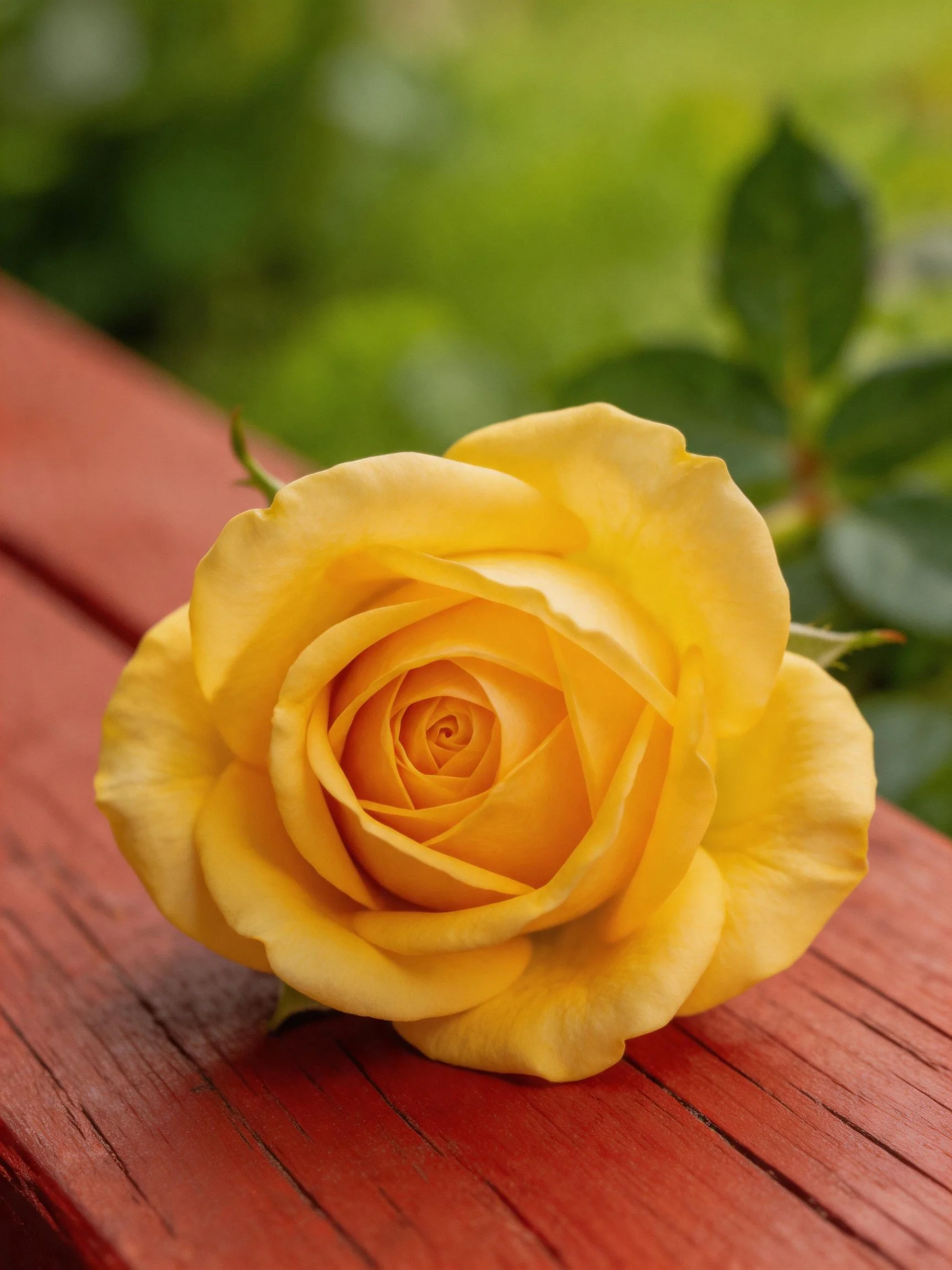 A single vibrant yellow rose rests on a red wooden plank