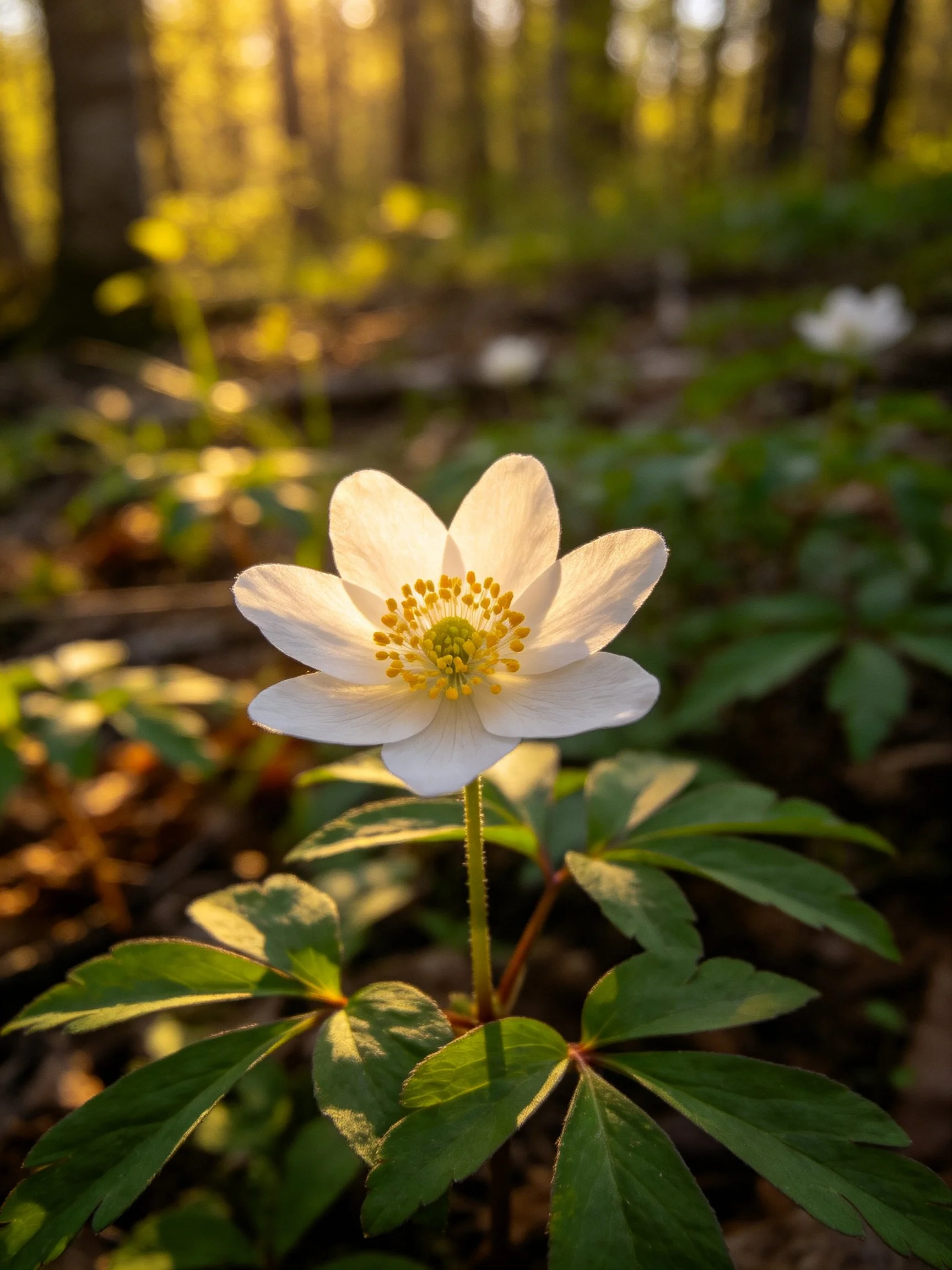 A single white anemone blooms in sun-dappled forest