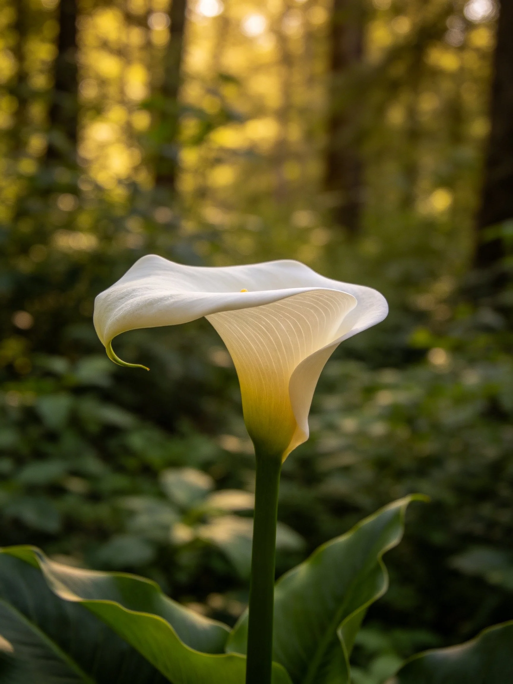 A single white calla lily blooms in a sun-dappled forest