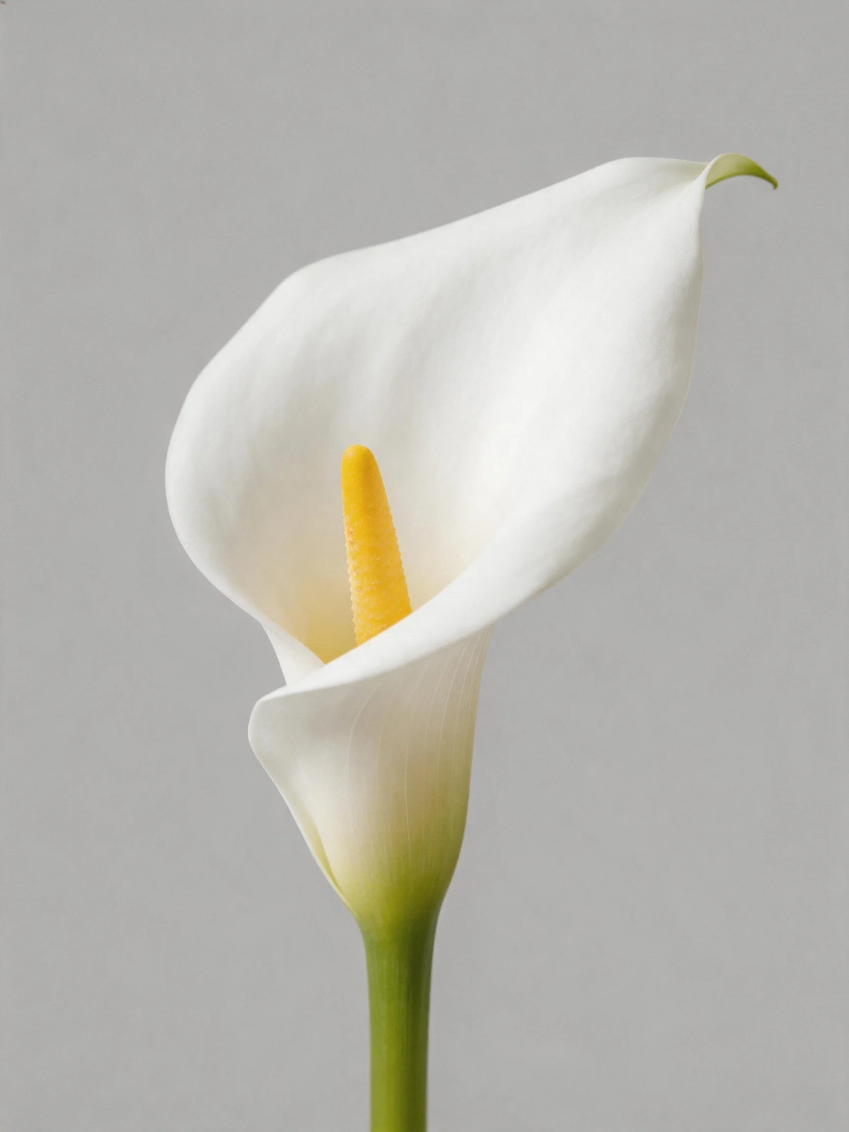 A single white calla lily with bright yellow spadix on green stem