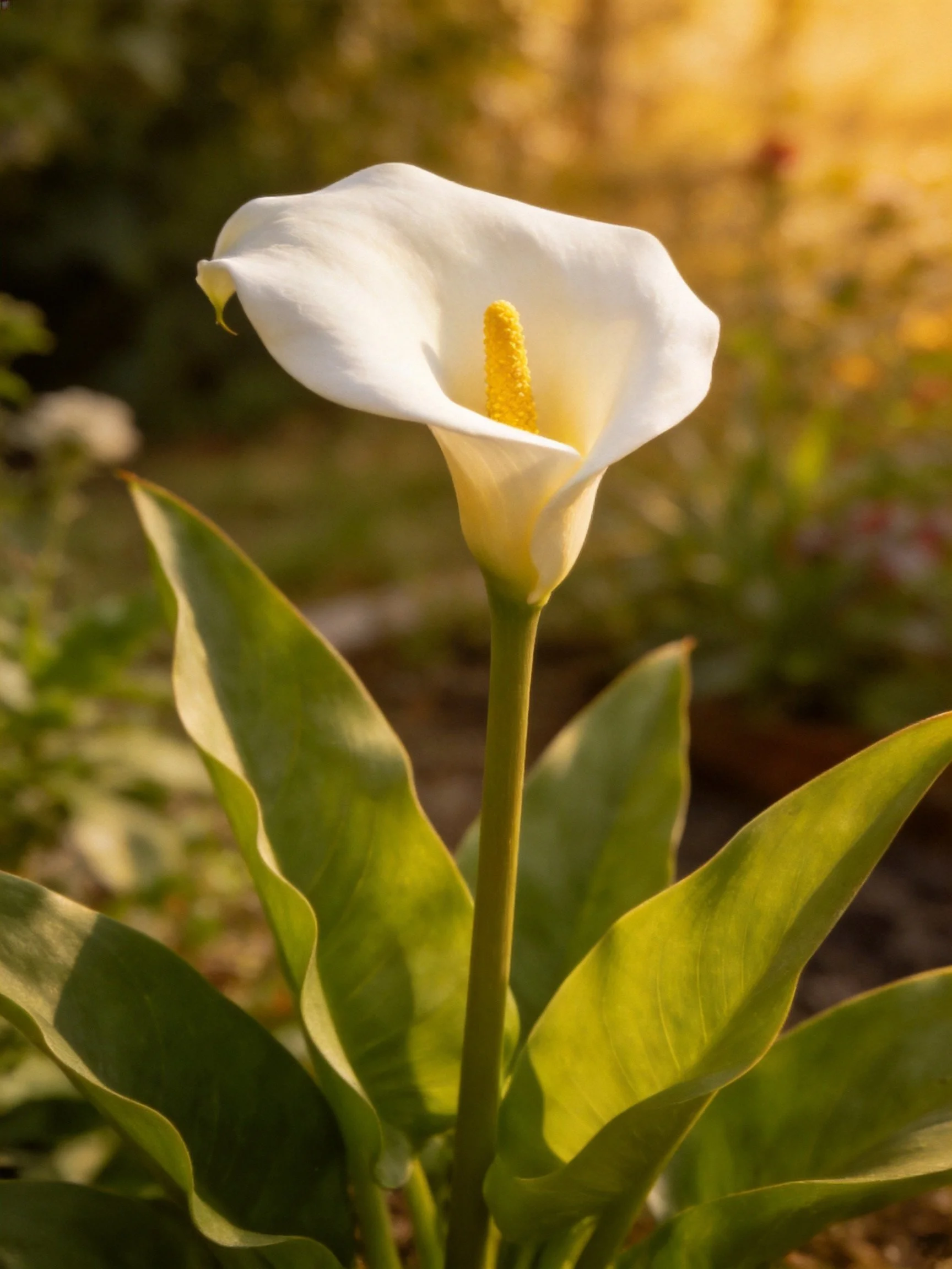 A single white calla lily with broad green leaves in golden sunlight