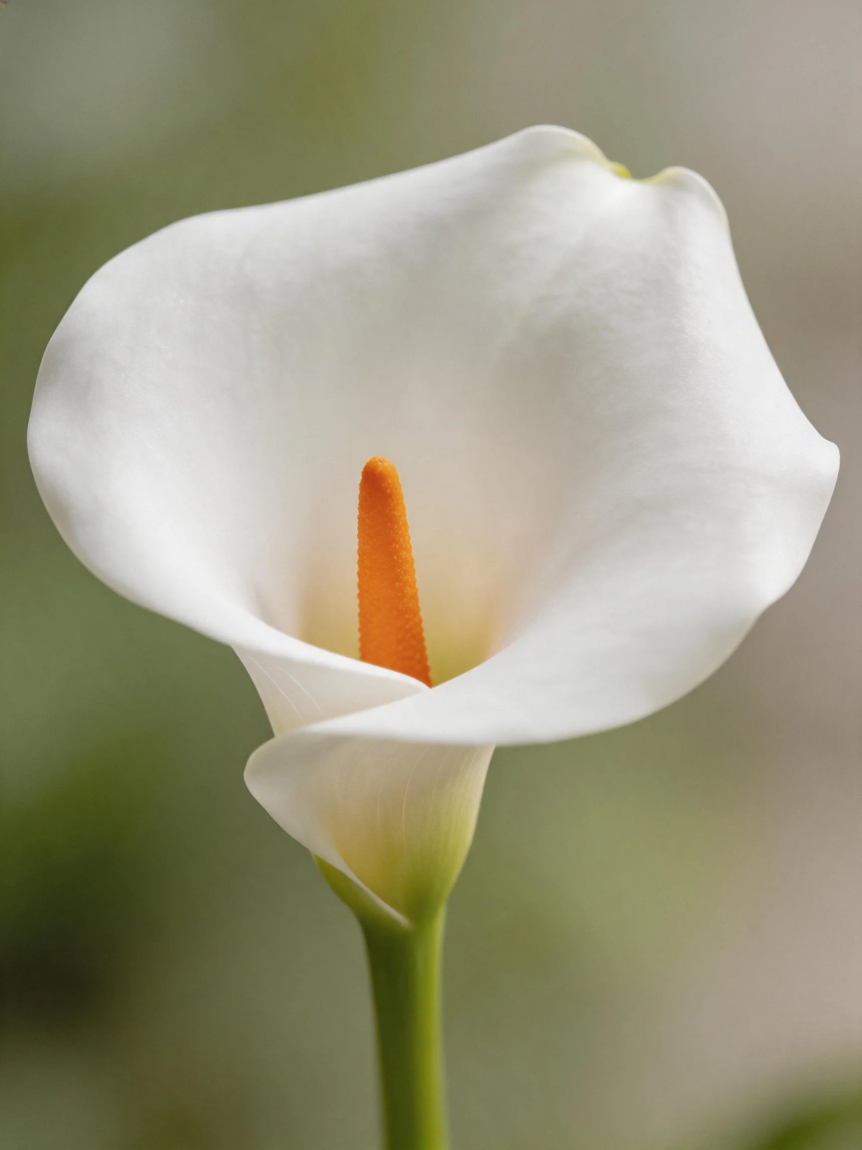 A single white calla lily with vibrant orange spadix