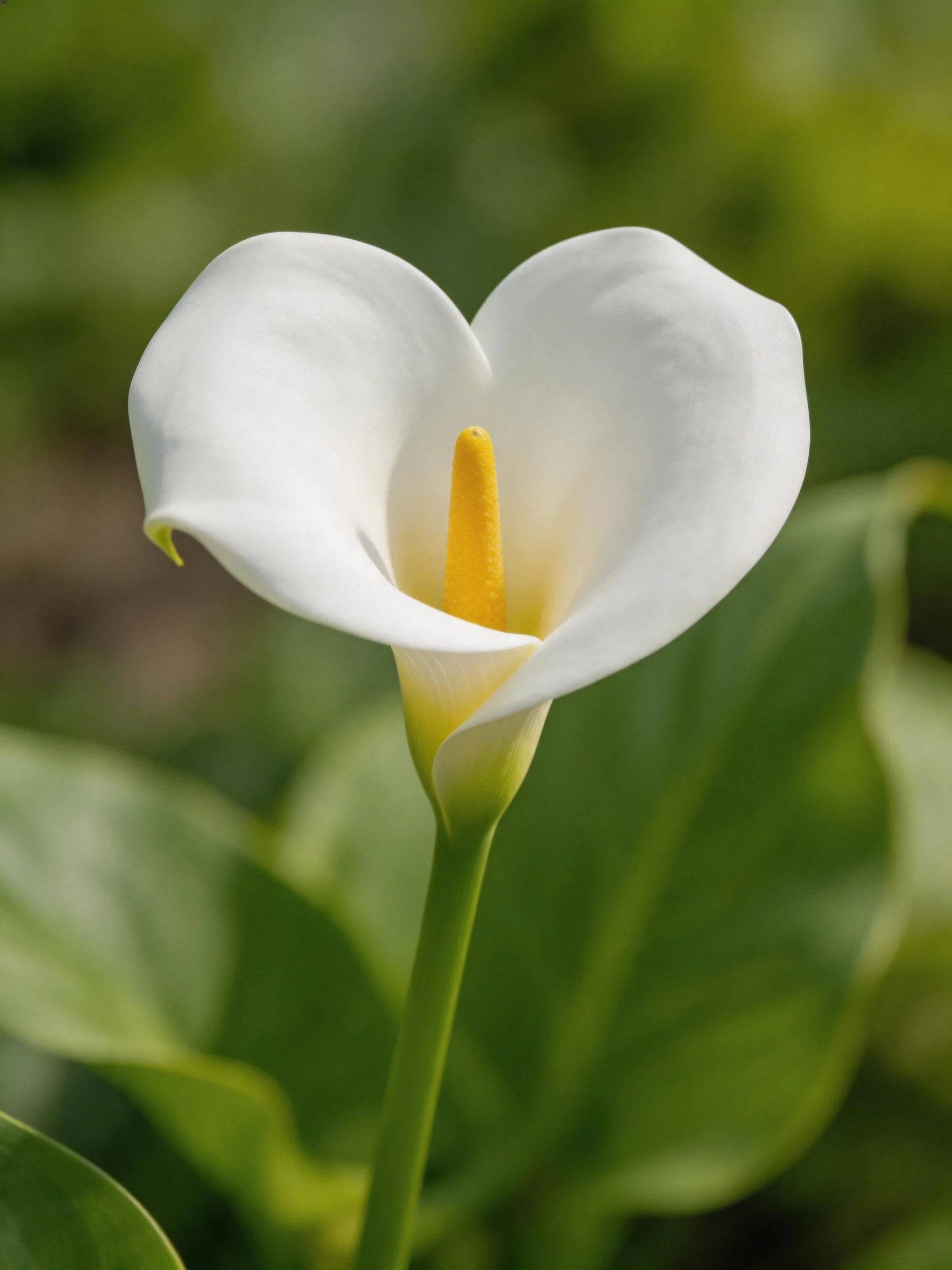 A single white calla lily with yellow spadix amid green foliage