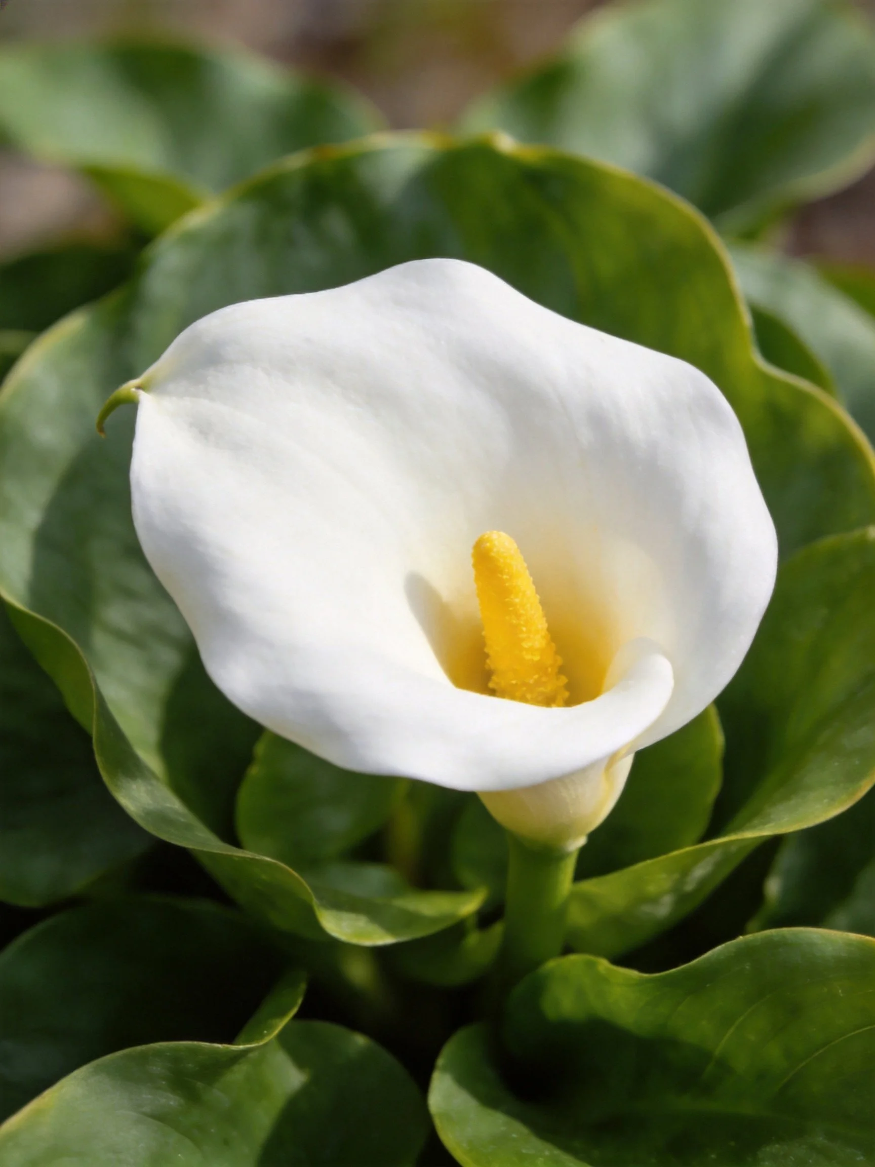 A single white calla lily with yellow spadix among green leaves