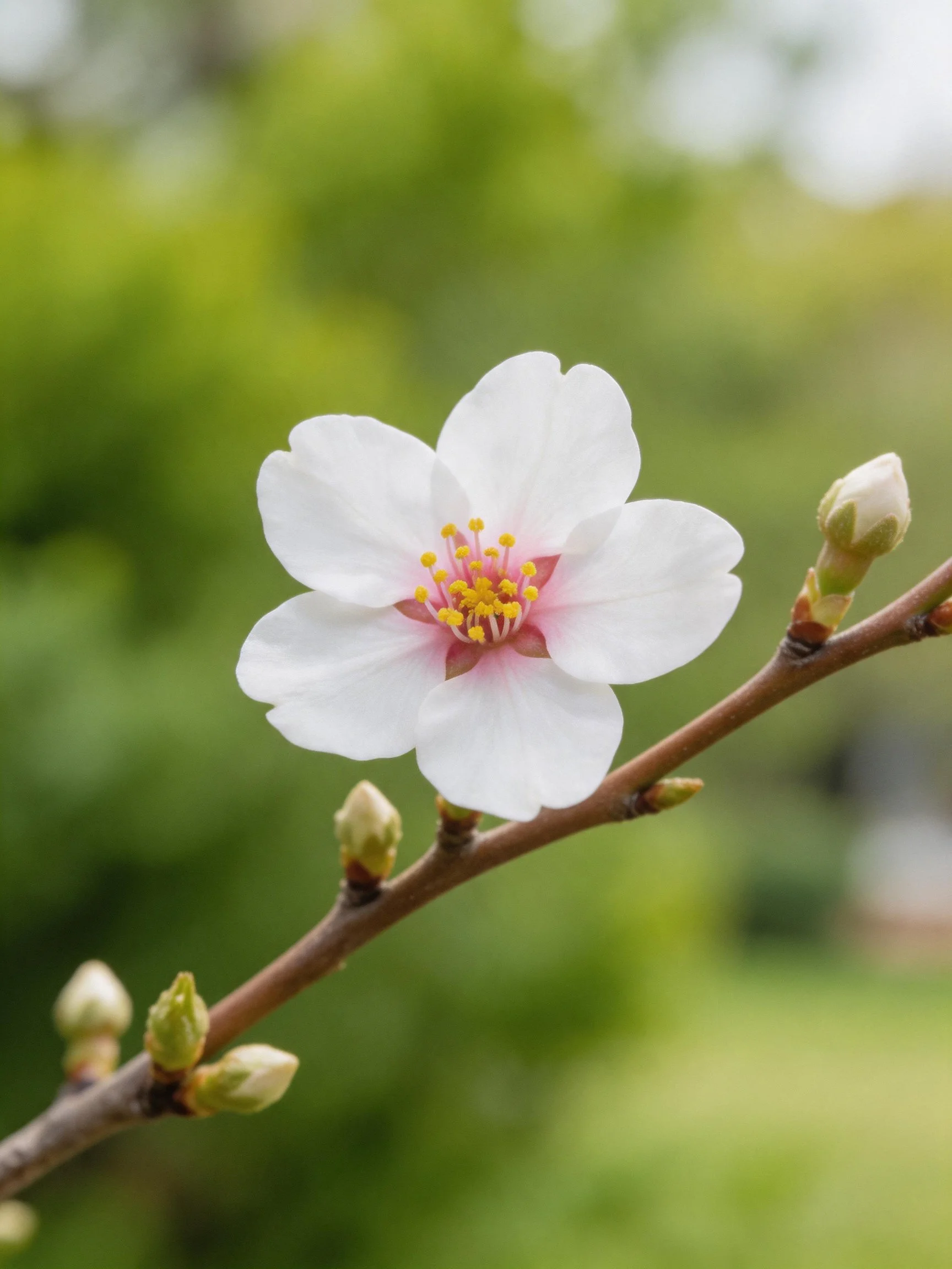 A single white cherry blossom with pink center on a brown branch