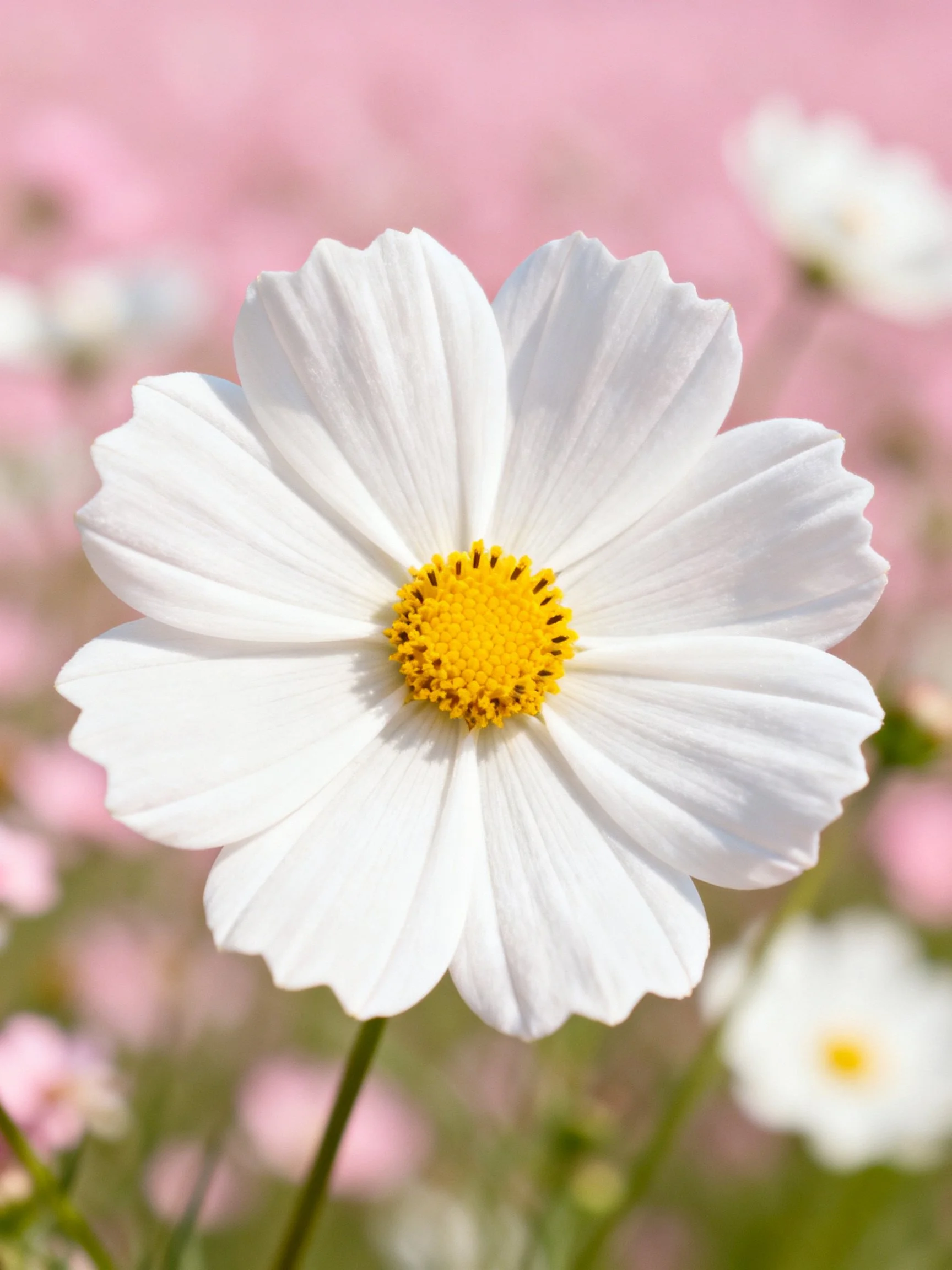A single white cosmos flower with a yellow center amid blurred pink and white blooms
