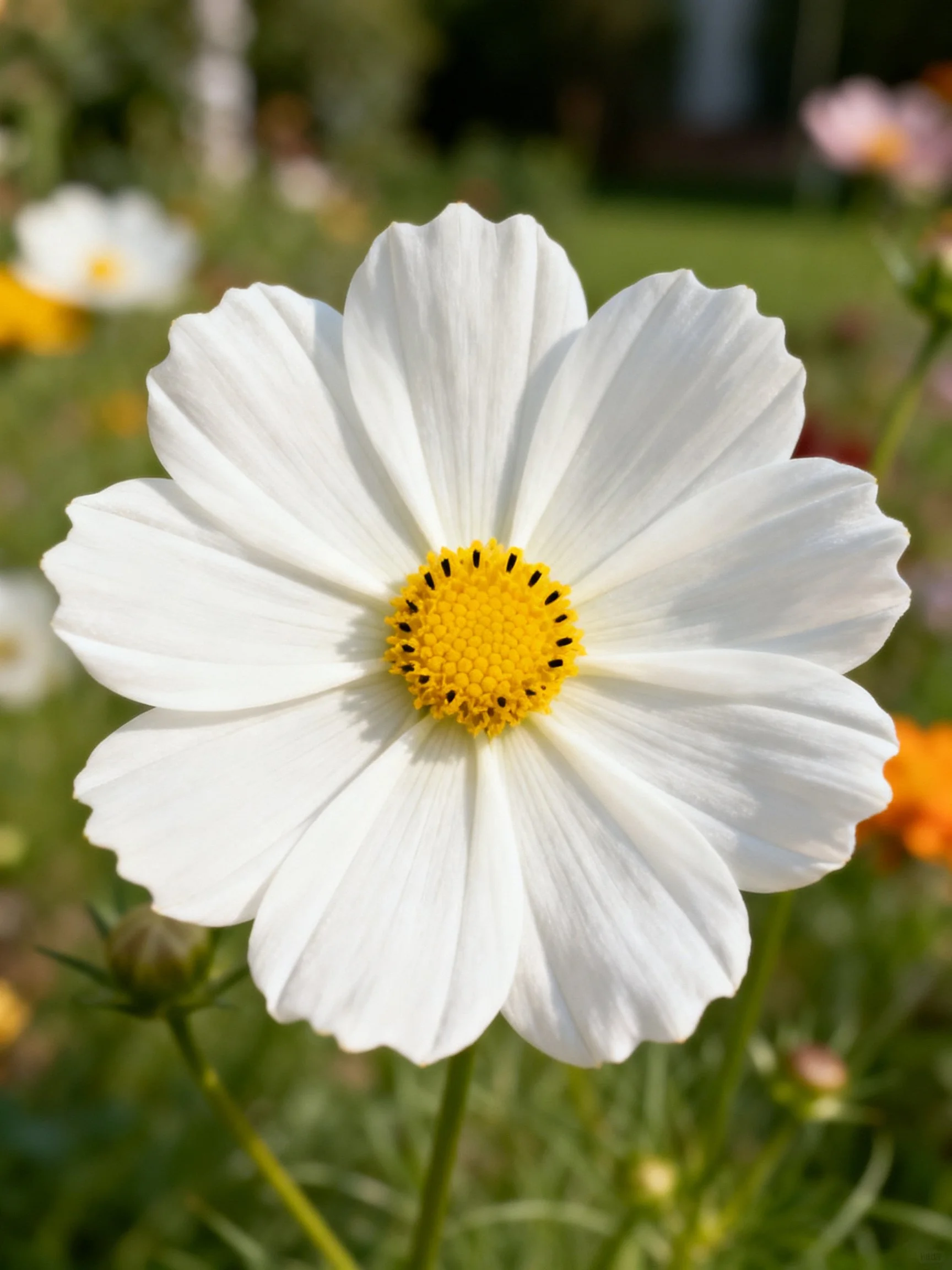 A single white cosmos flower with bright yellow center