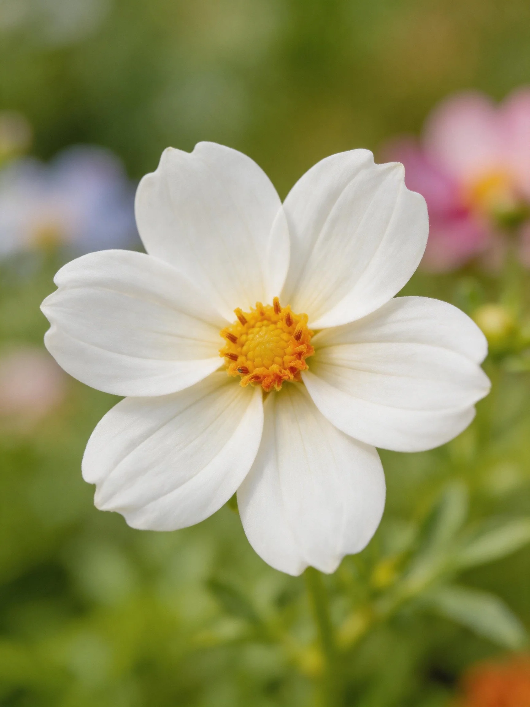 A single white cosmos flower with bright yellow-orange center