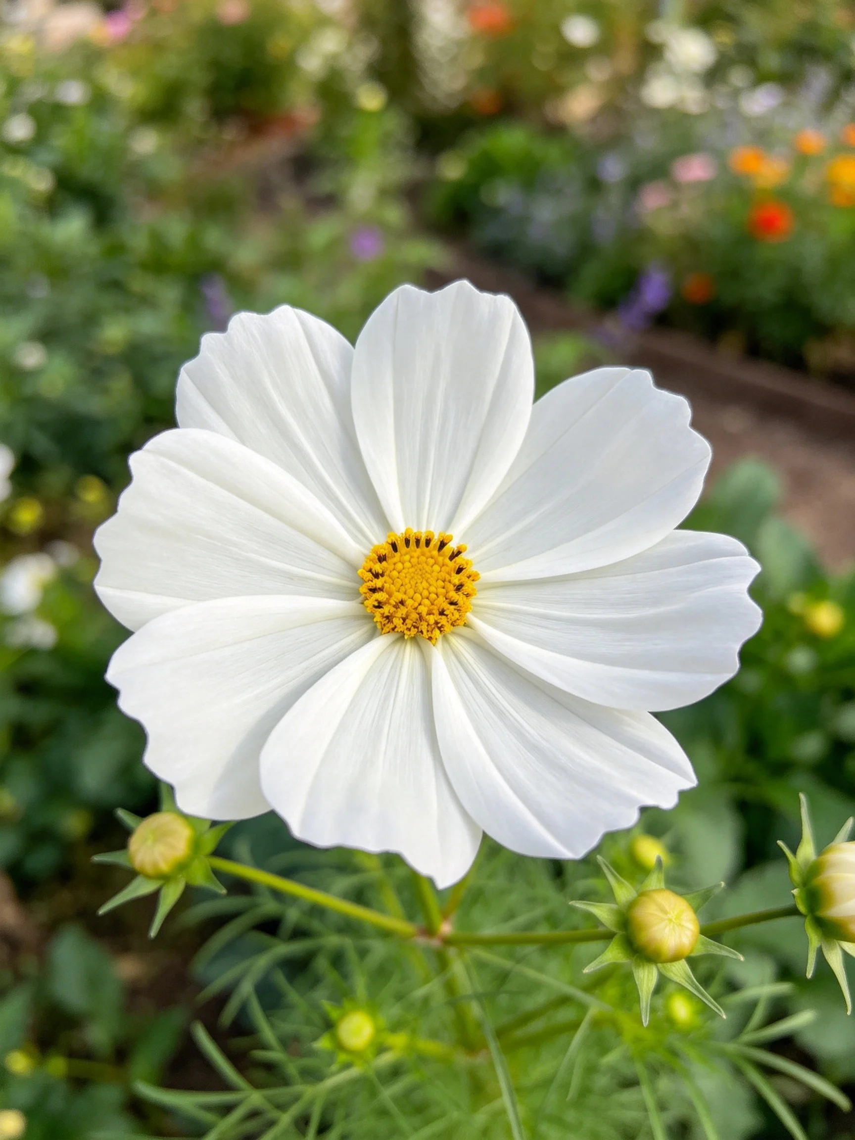 A single white cosmos flower with yellow center amid greenery