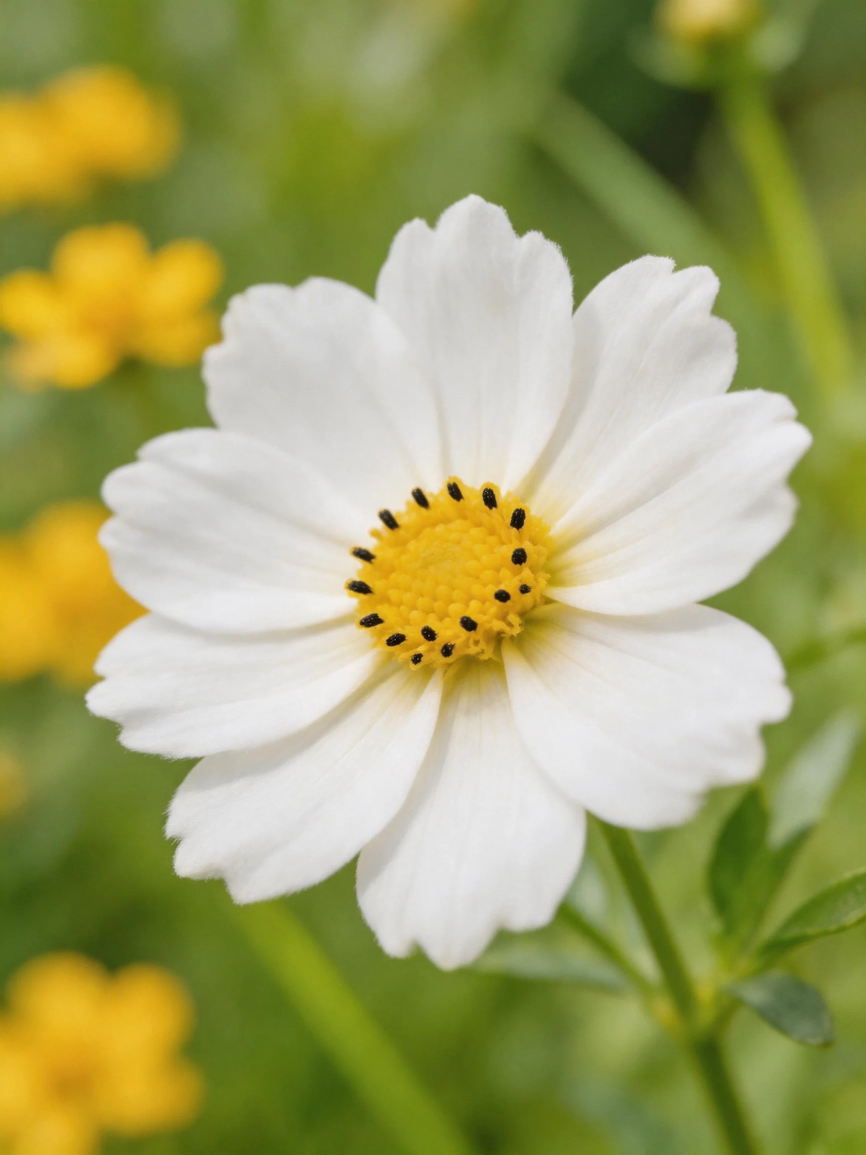 A single white cosmos flower with yellow center amidst greenery