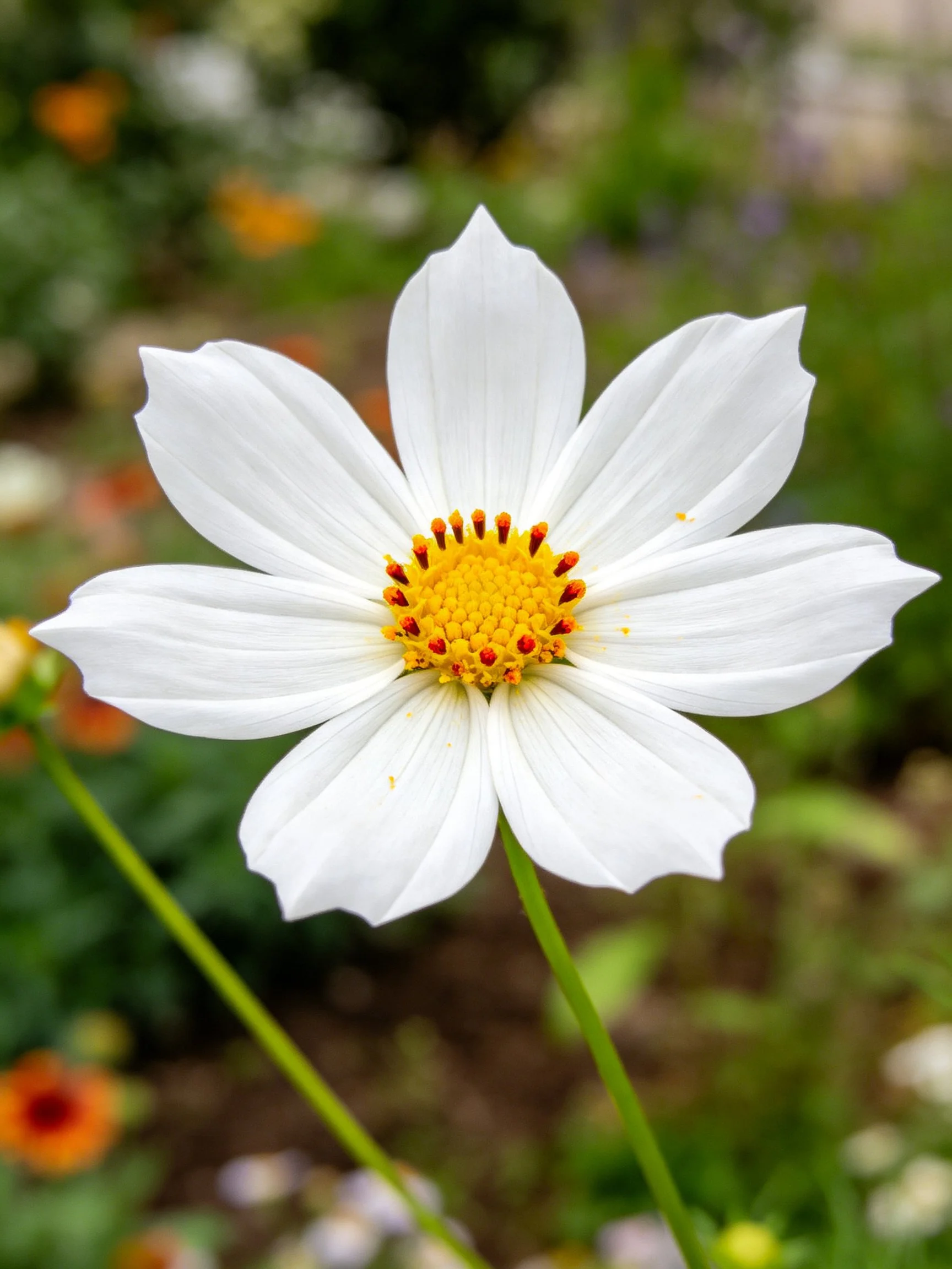 A single white cosmos flower with yellow center in a garden