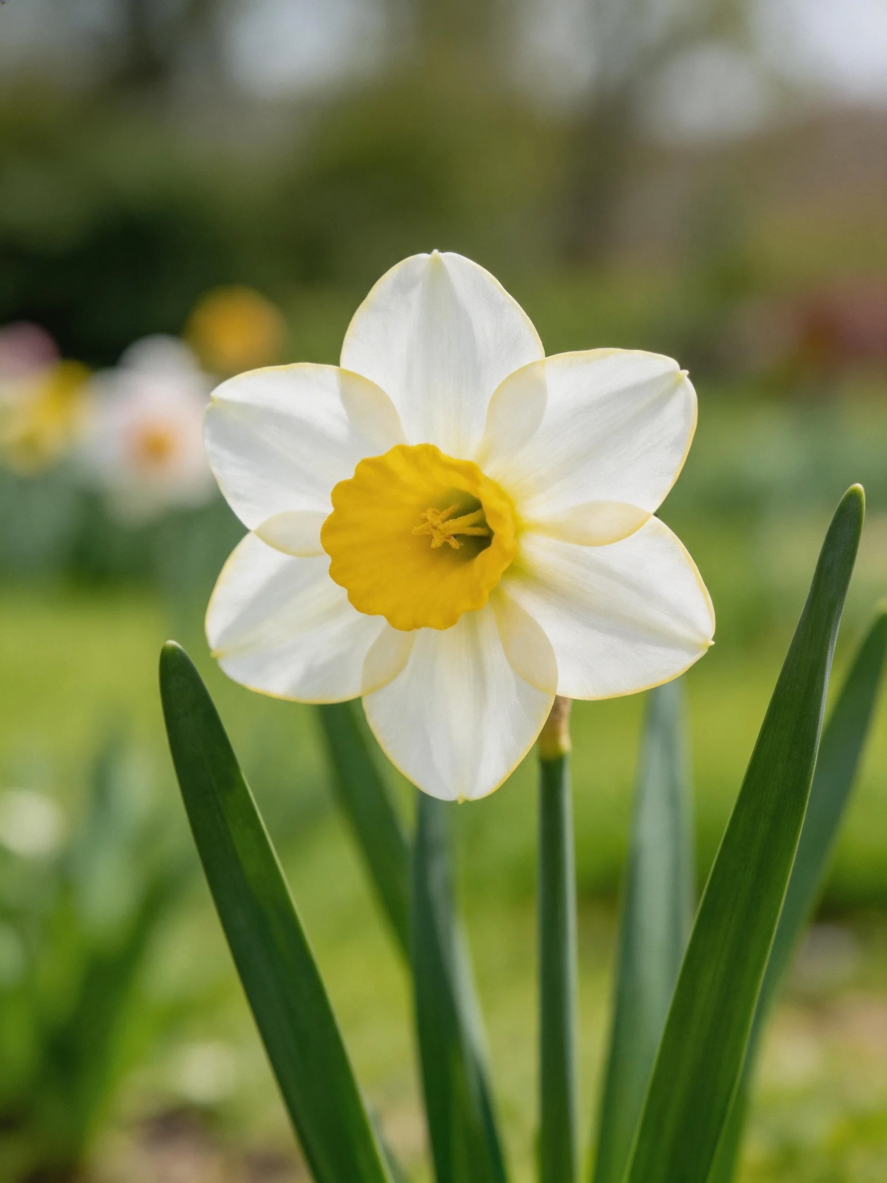 A single white daffodil with a bright yellow center
