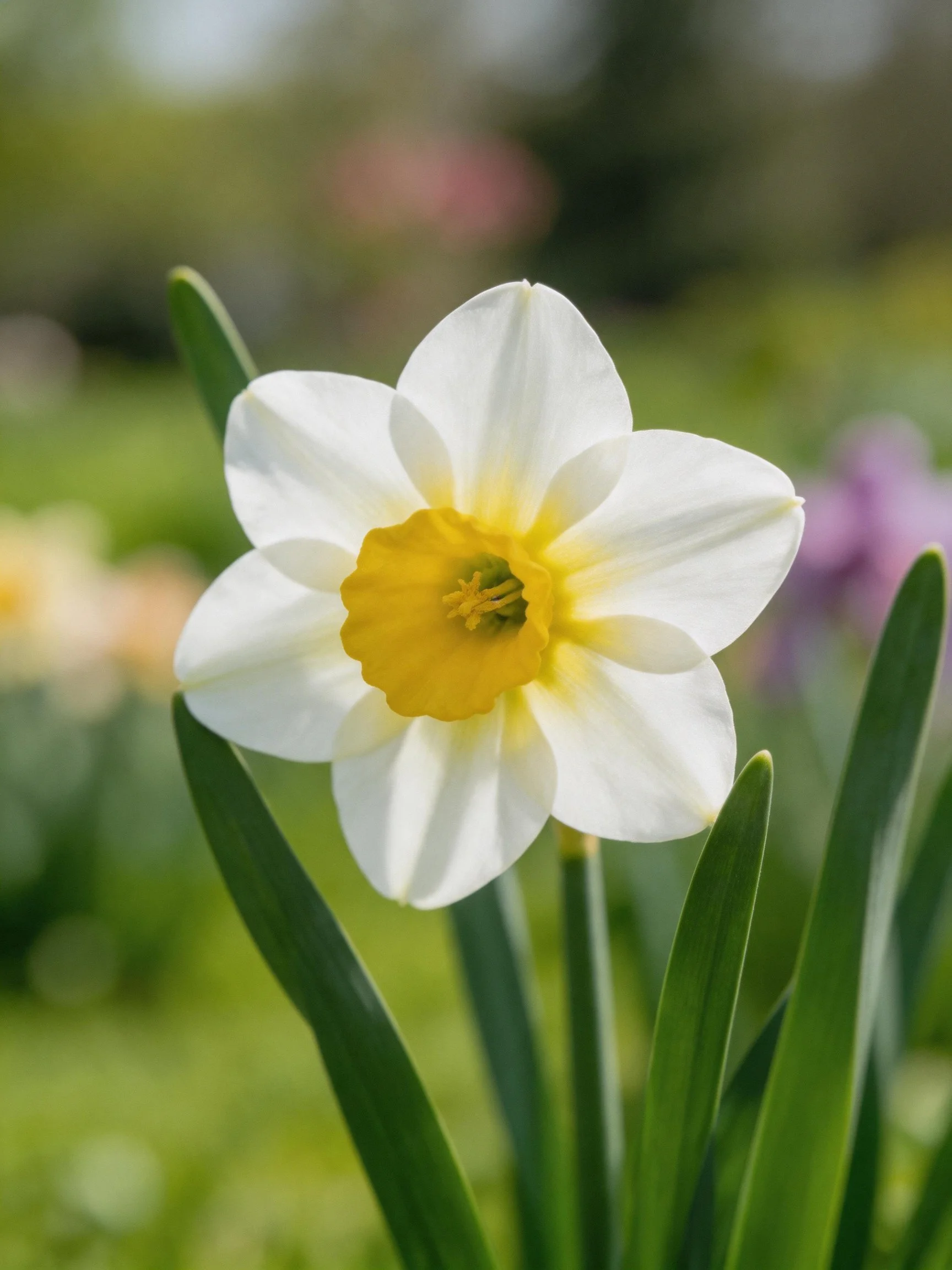 A single white daffodil with a vibrant yellow center