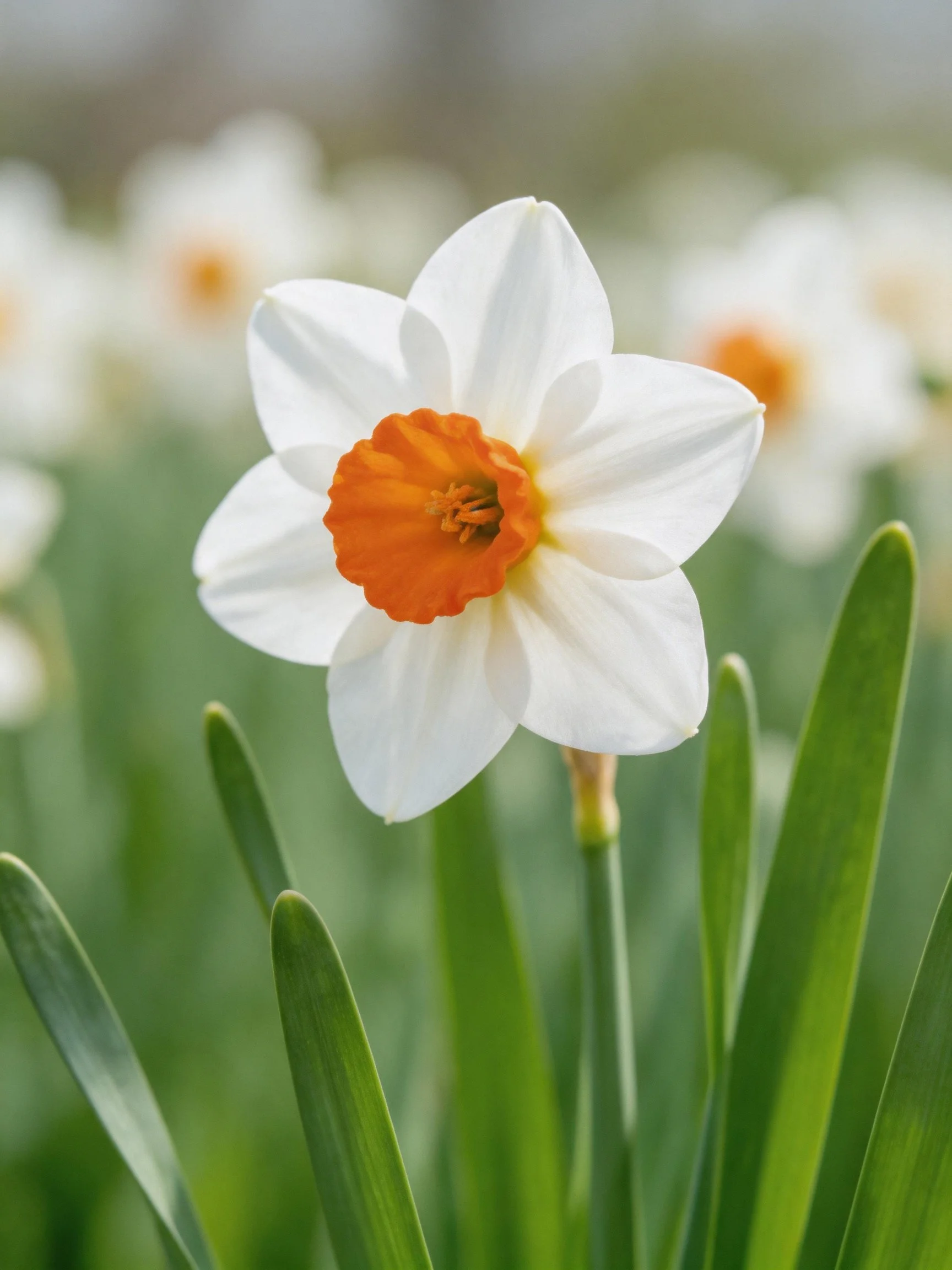 A single white daffodil with an orange center amid green foliage