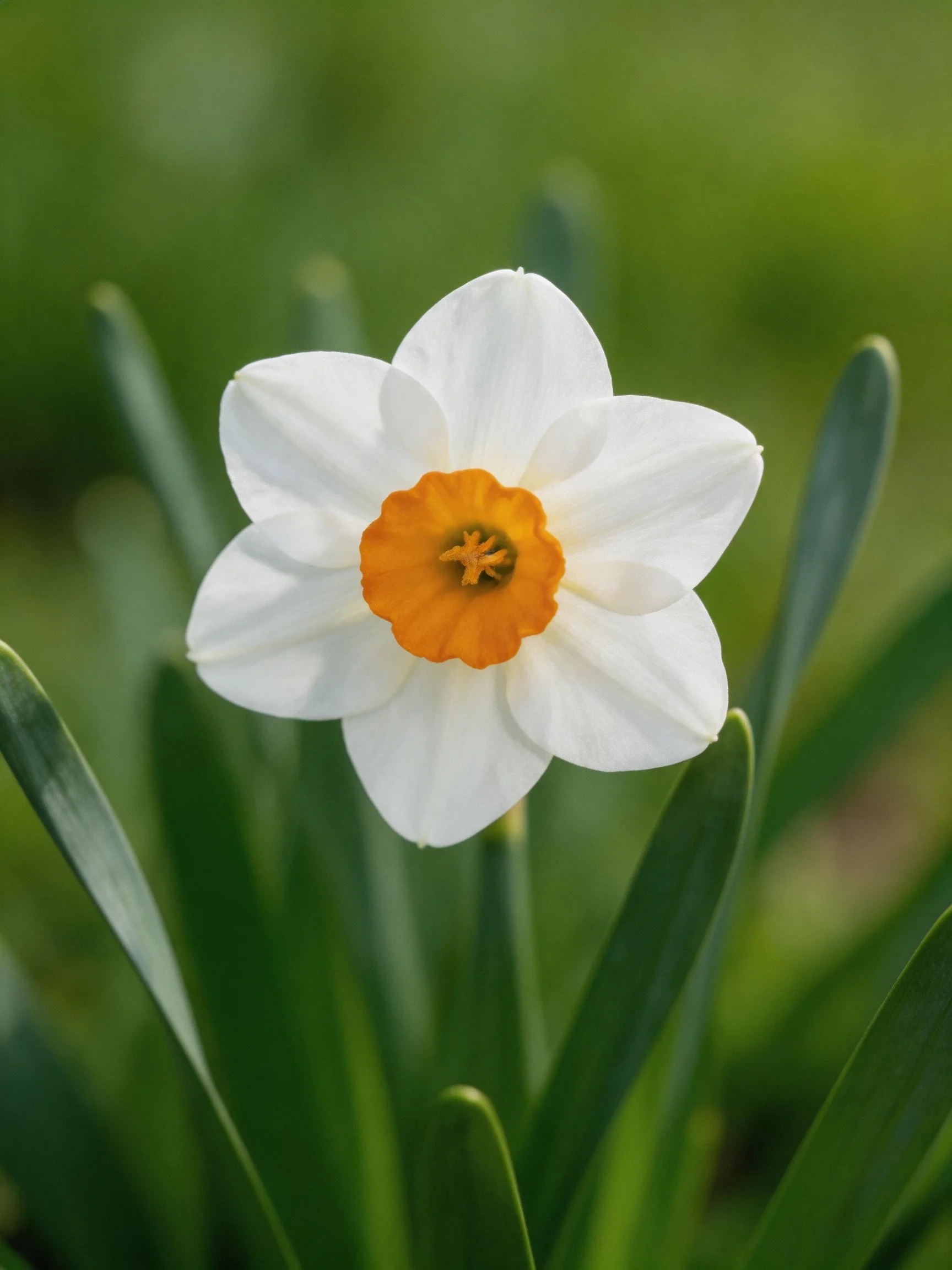 A single white daffodil with an orange center, surrounded by green leaves.