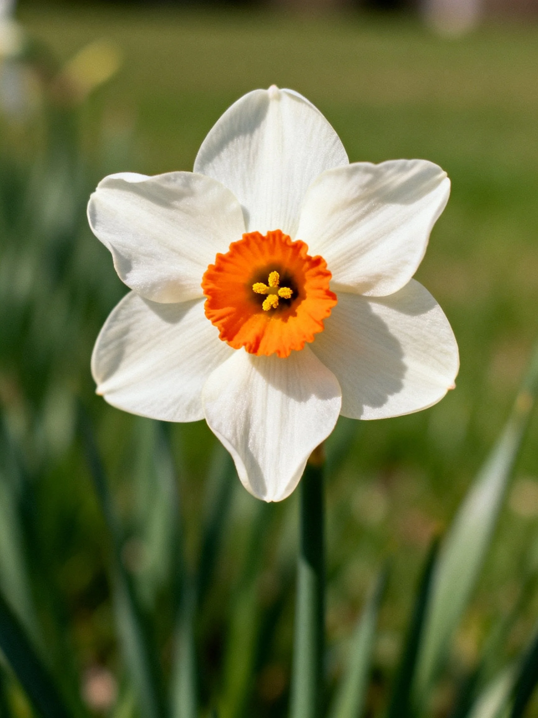 A single white daffodil with vibrant orange center