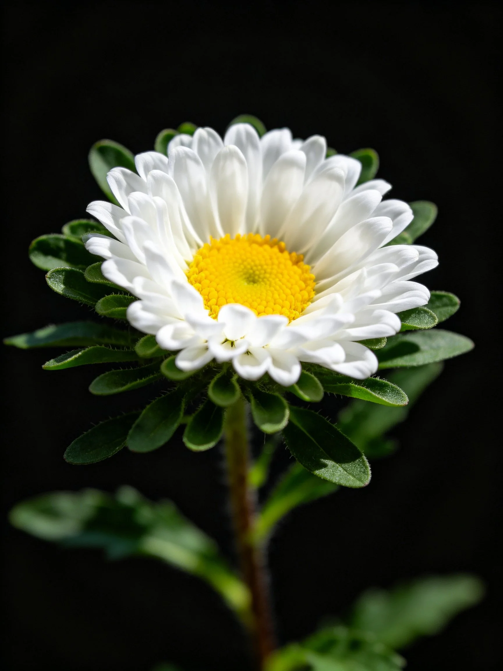 A single white daisy with a bright yellow center against a dark background