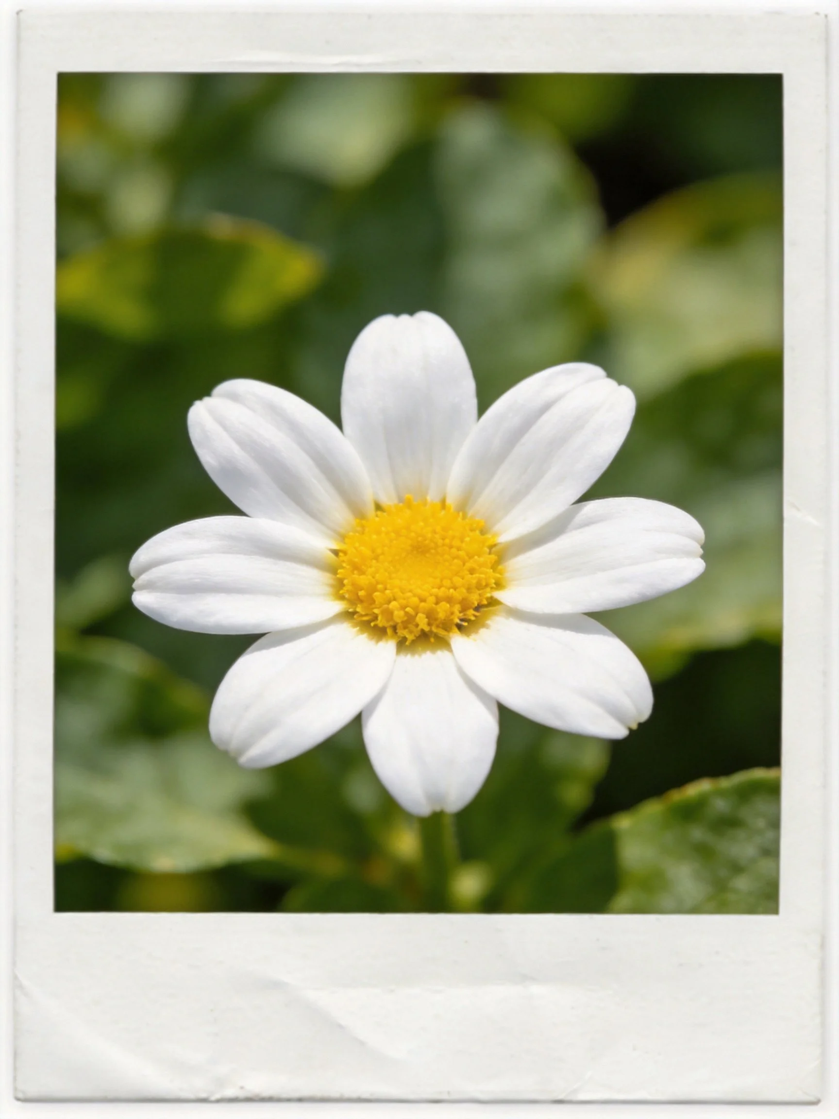 A single white daisy with a yellow center among green foliage