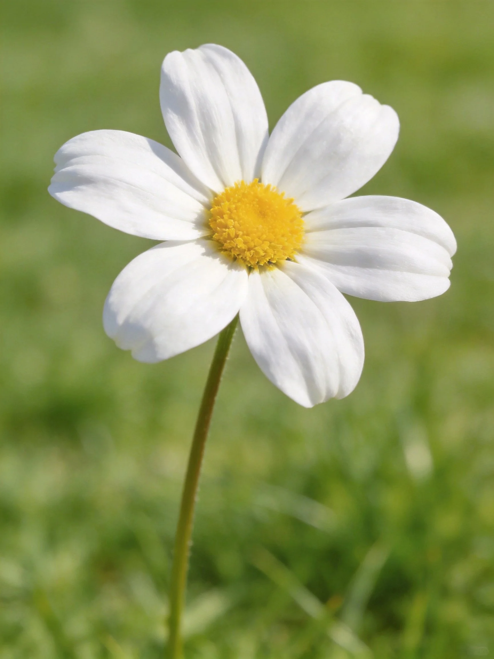 A single white daisy with a yellow center, green stem, and grassy backdrop