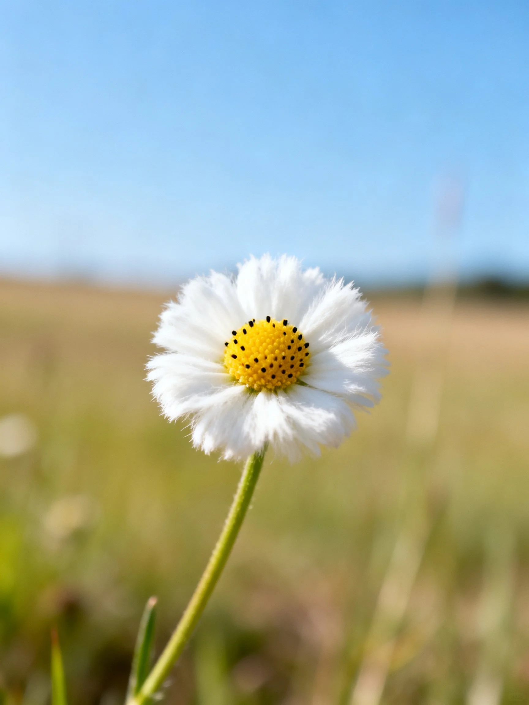 A single white daisy with a yellow center in a sunny meadow
