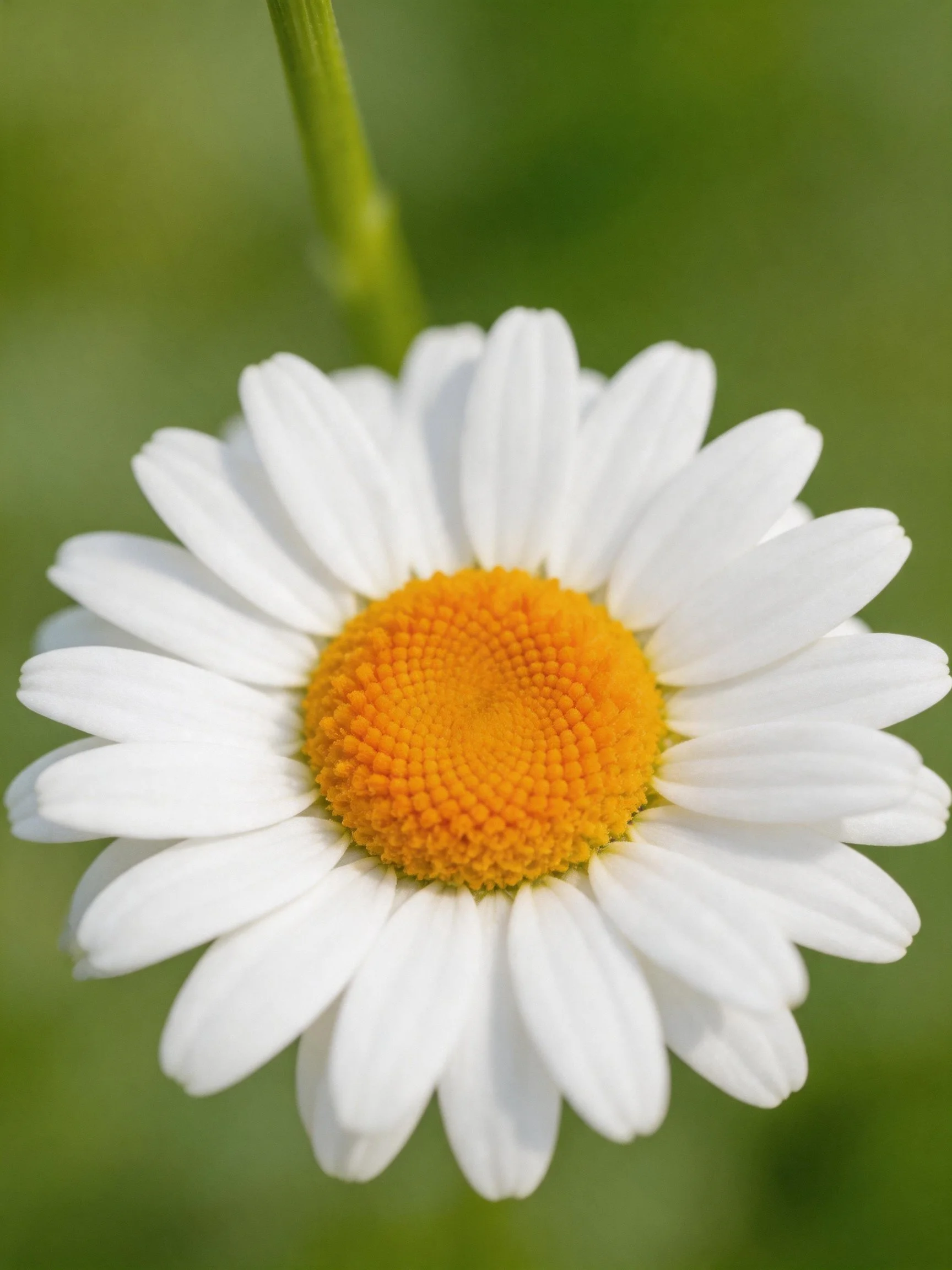 A single white daisy with an orange center amid blurred green backdrop
