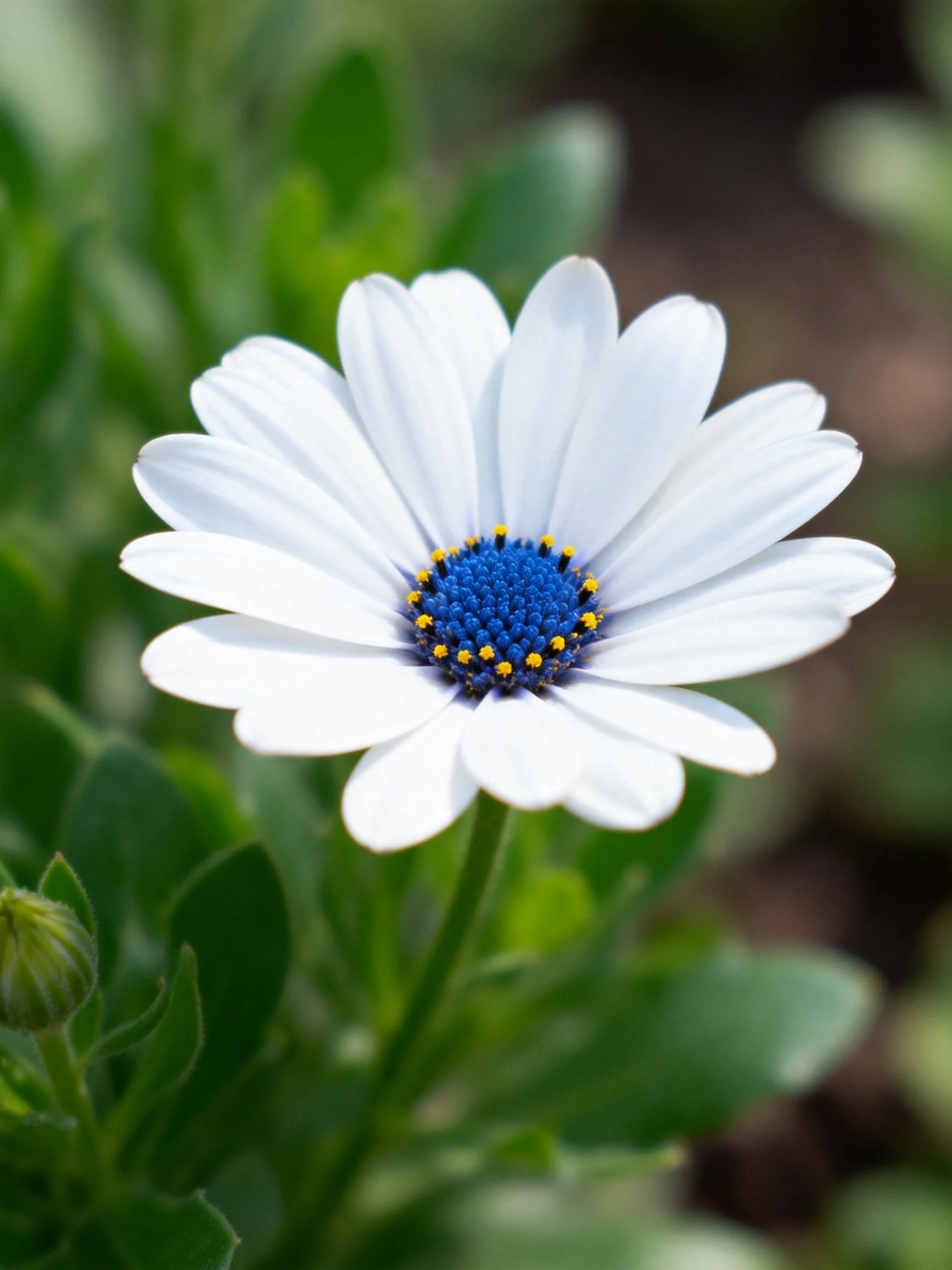 A single white daisy with blue-yellow center amid green foliage