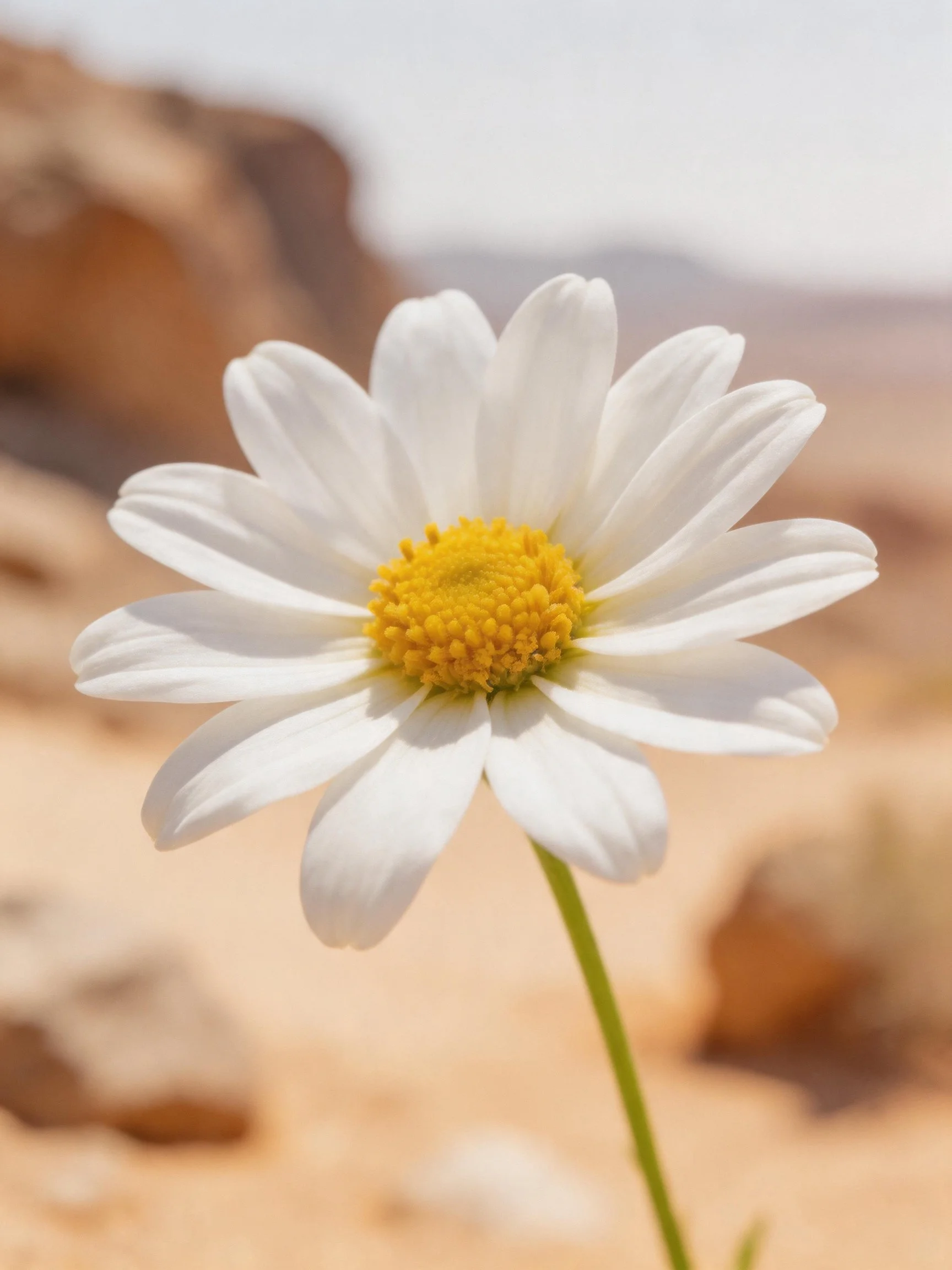 A single white daisy with bright yellow center amid rocky desert scenery