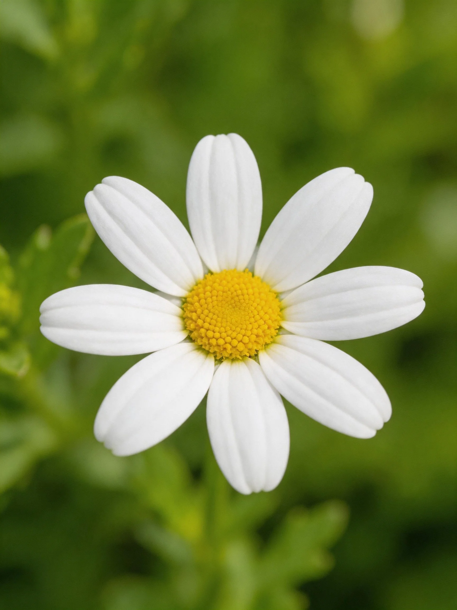 A single white daisy with eight petals and a yellow center