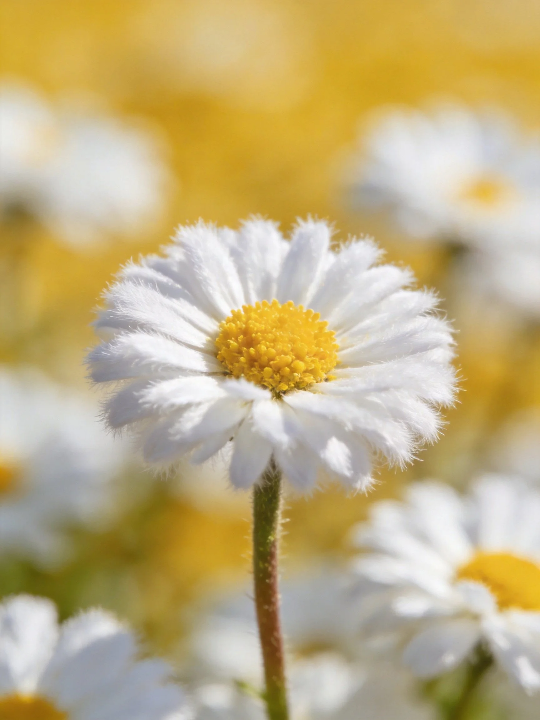 A single white daisy with yellow center amid a blurred floral field