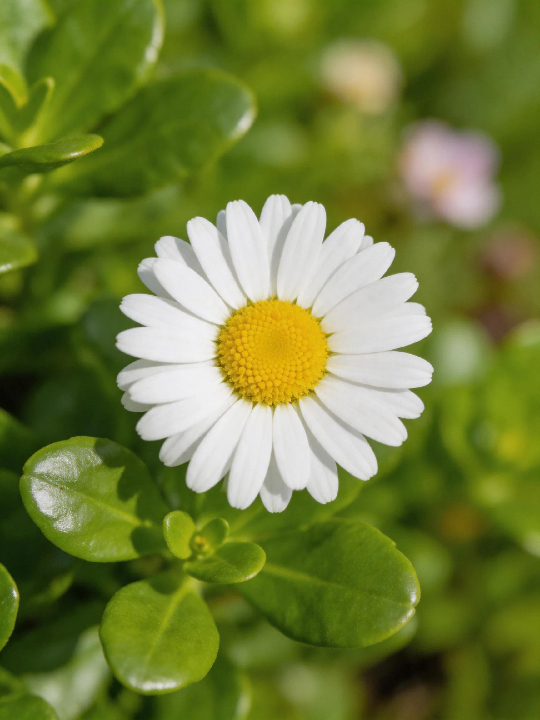 A single white daisy with yellow center amid glossy green leaves