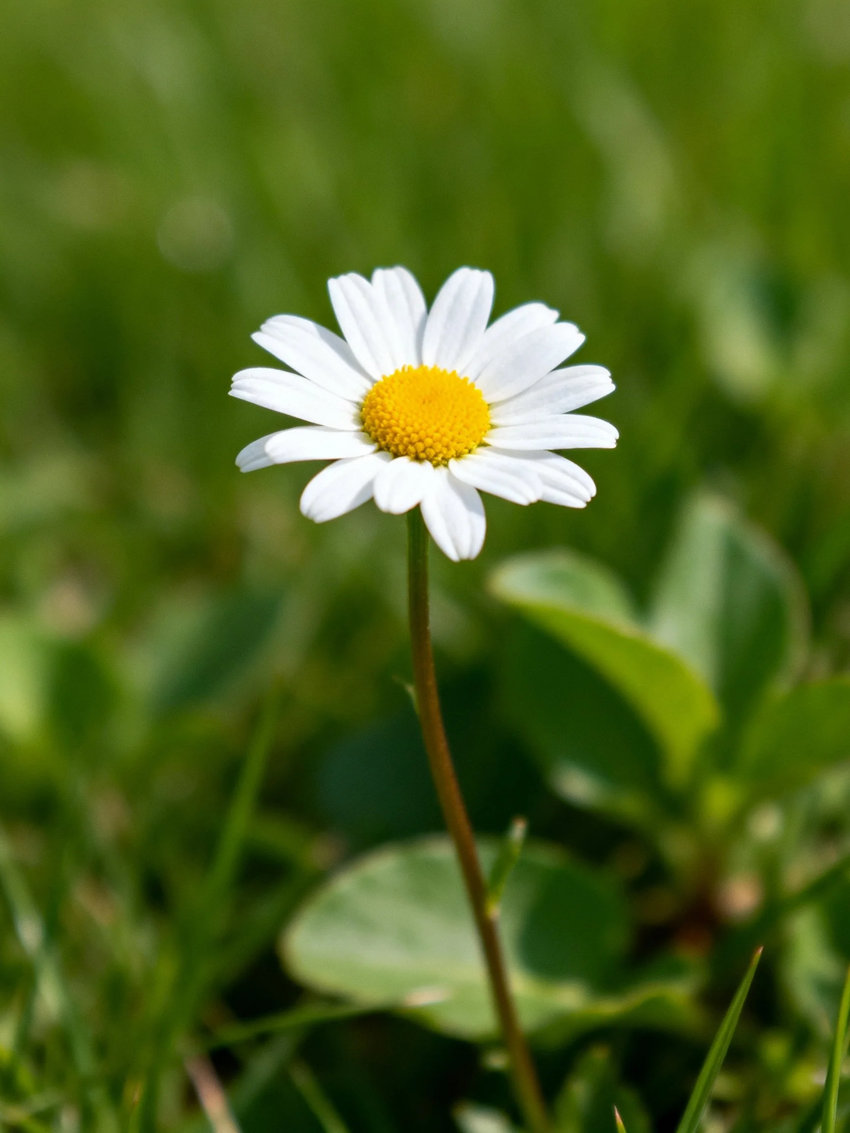 A single white daisy with yellow center amid green foliage